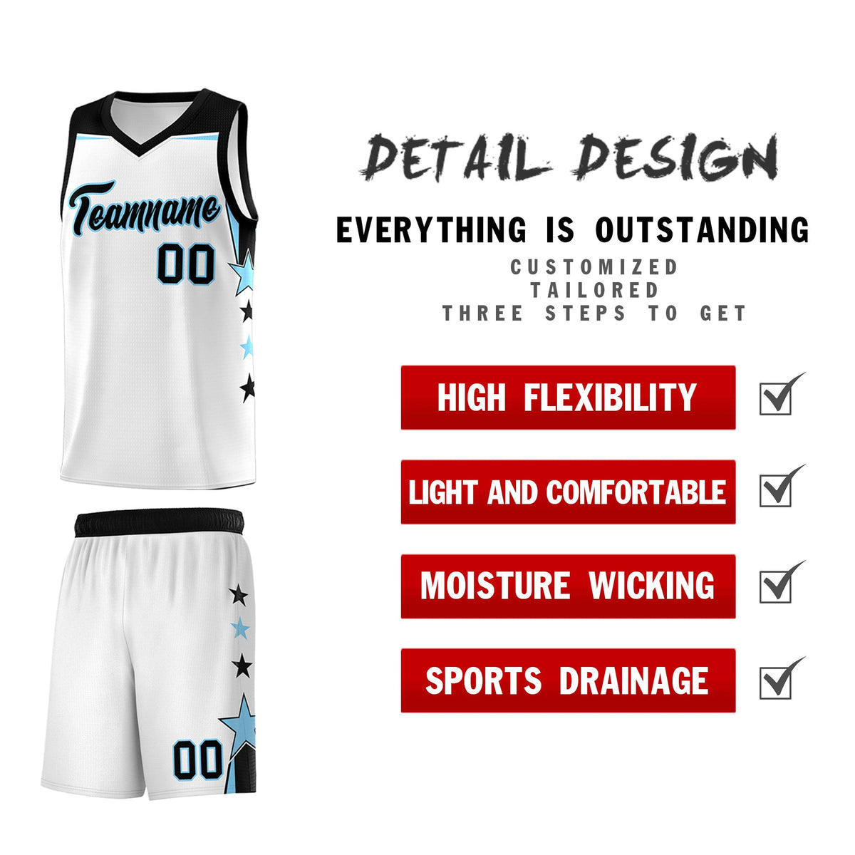 Custom Youth Basketball Uniform White Light Blue Two Tone Side Star Add Name Number &amp; Logo