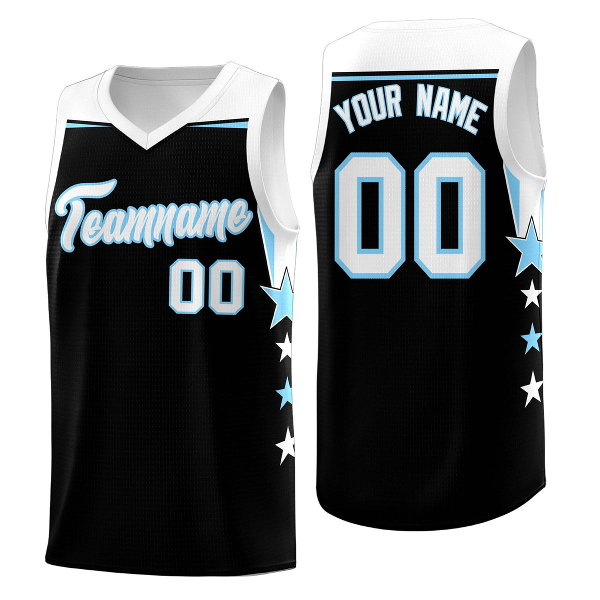 Custom Youth Basketball Uniform Black Light Blue Two Tone Side Star Personalized Team Jersey