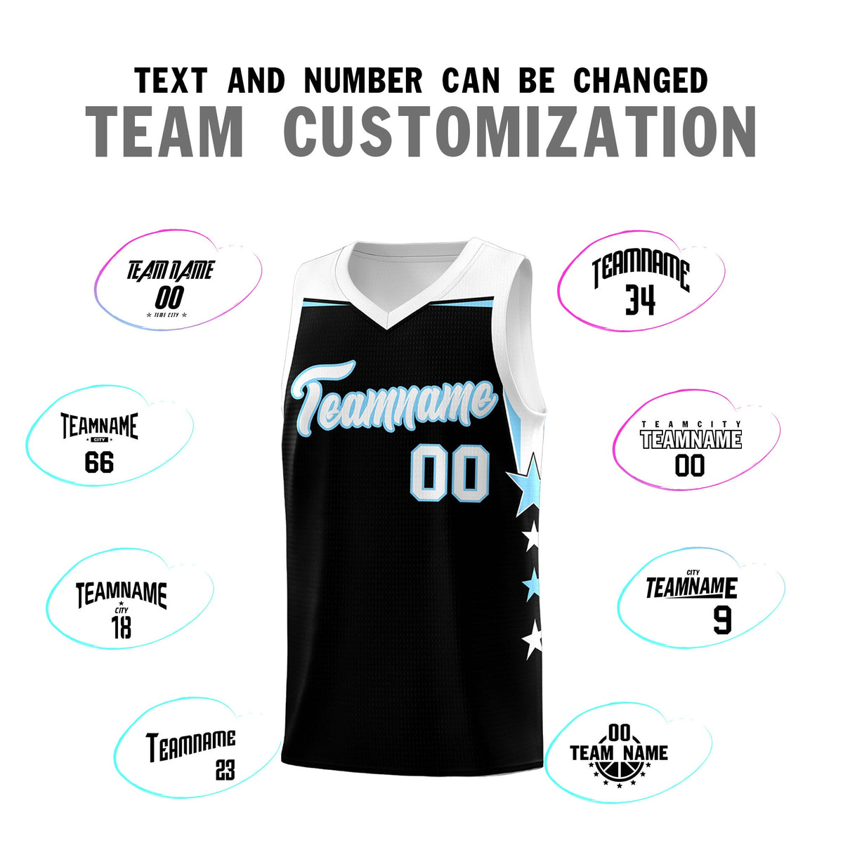 Custom Youth Basketball Uniform Black Light Blue Two Tone Side Star Personalized Team Jersey