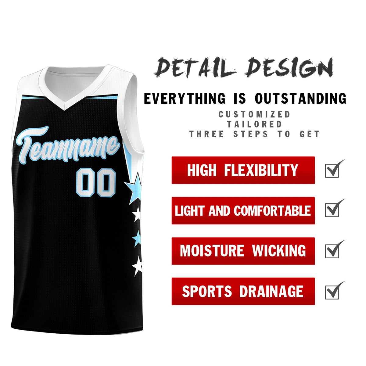Custom Youth Basketball Uniform Black Light Blue Two Tone Side Star Personalized Team Jersey