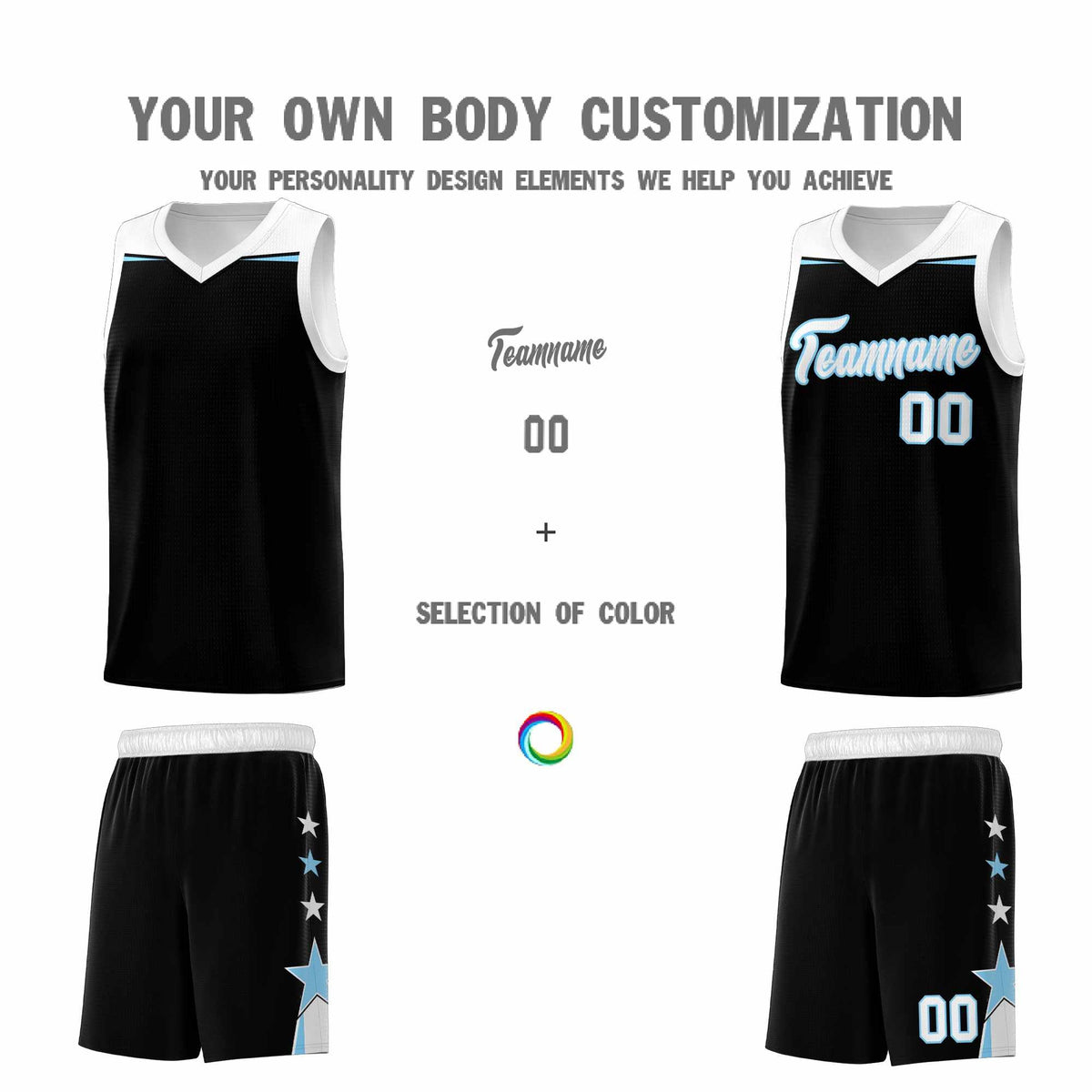 Custom Youth Basketball Uniform Black Light Blue Two Tone Side Star Personalized Team Jersey