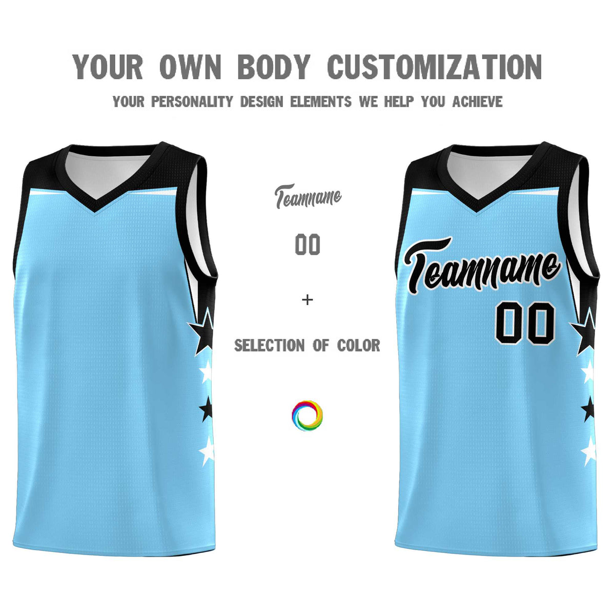 Custom Youth Basketball Uniform Light Blue Black Two Tone Side Star Color Block Team Jersey
