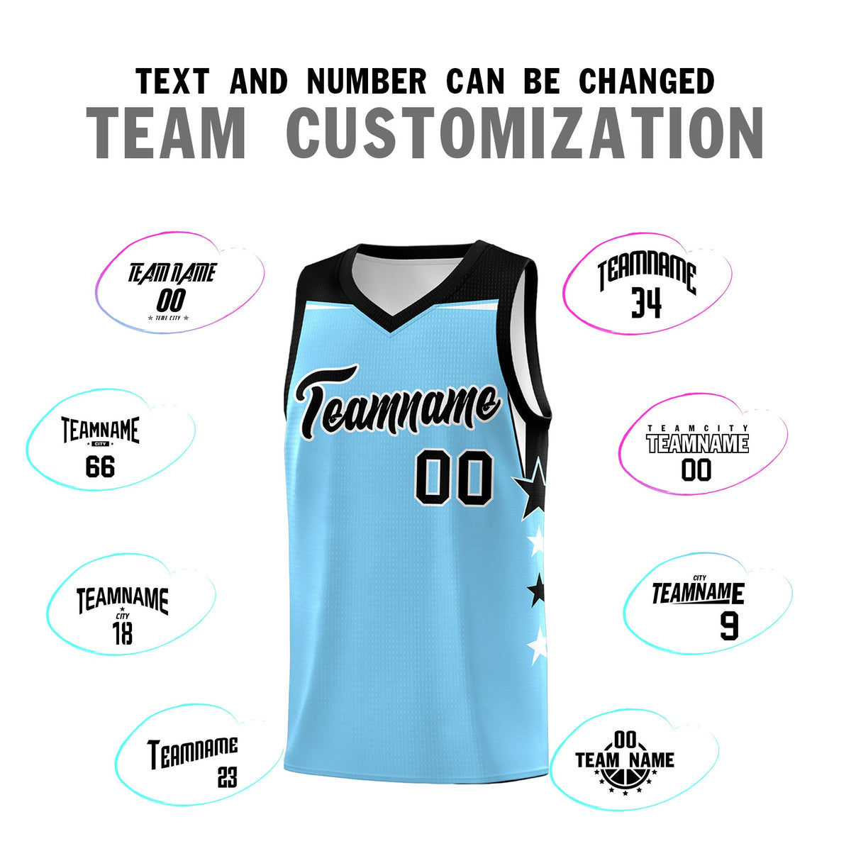 Custom Youth Basketball Uniform Light Blue Black Two Tone Side Star Color Block Team Jersey