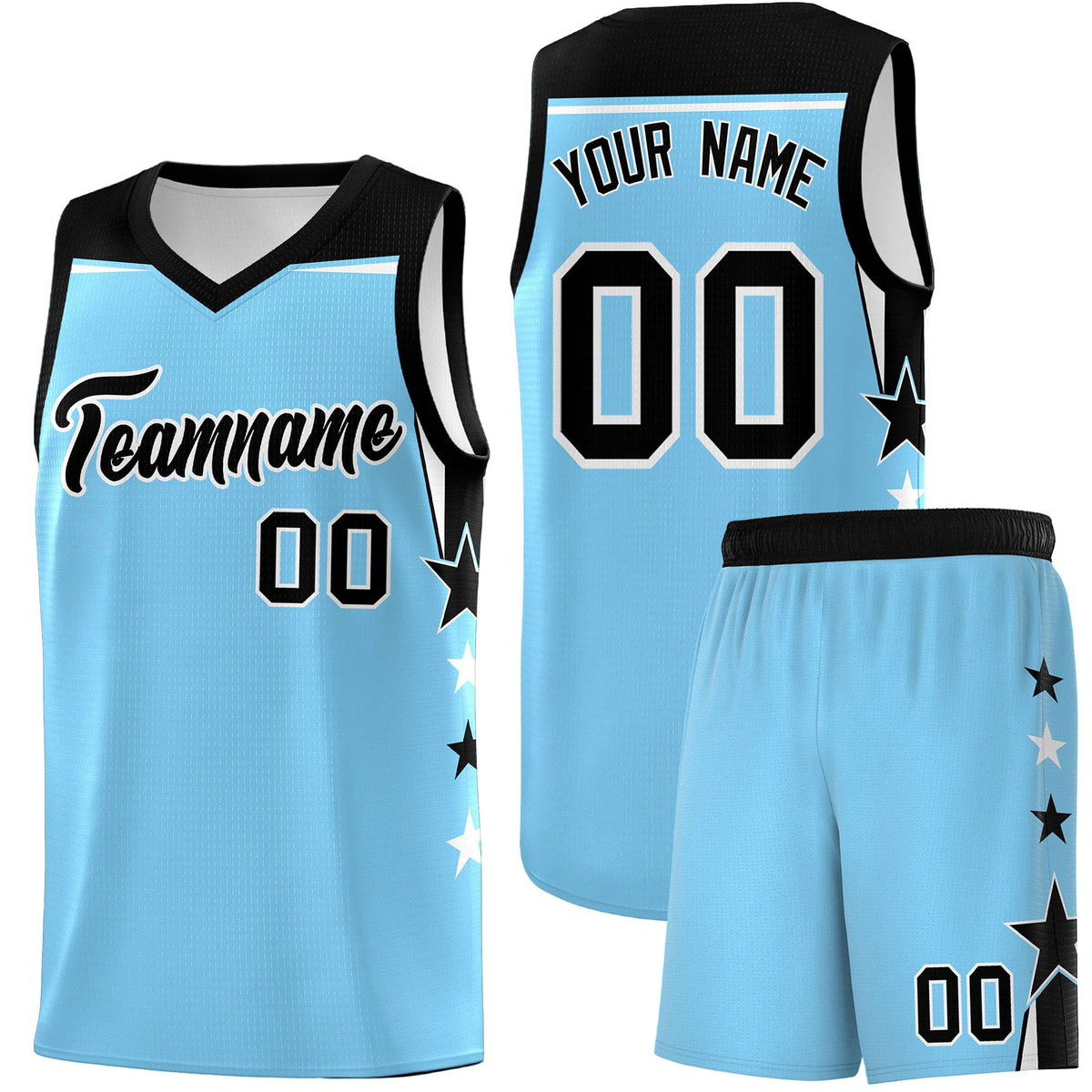 Custom Youth Basketball Uniform Light Blue Black Two Tone Side Star Color Block Team Jersey