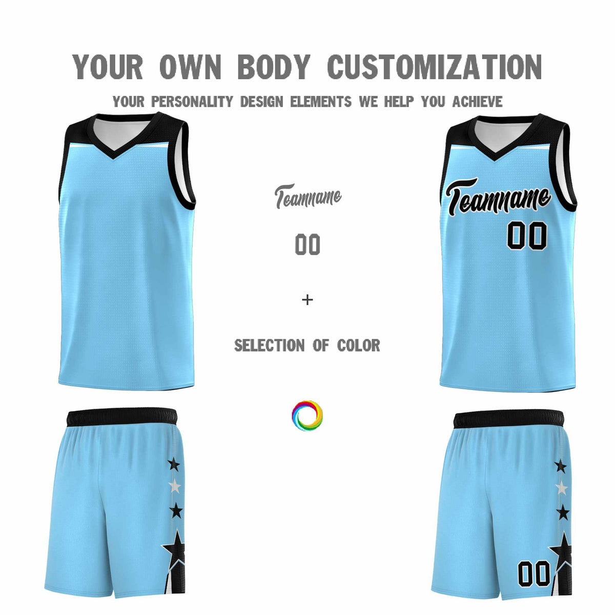 Custom Youth Basketball Uniform Light Blue Black Two Tone Side Star Color Block Team Jersey
