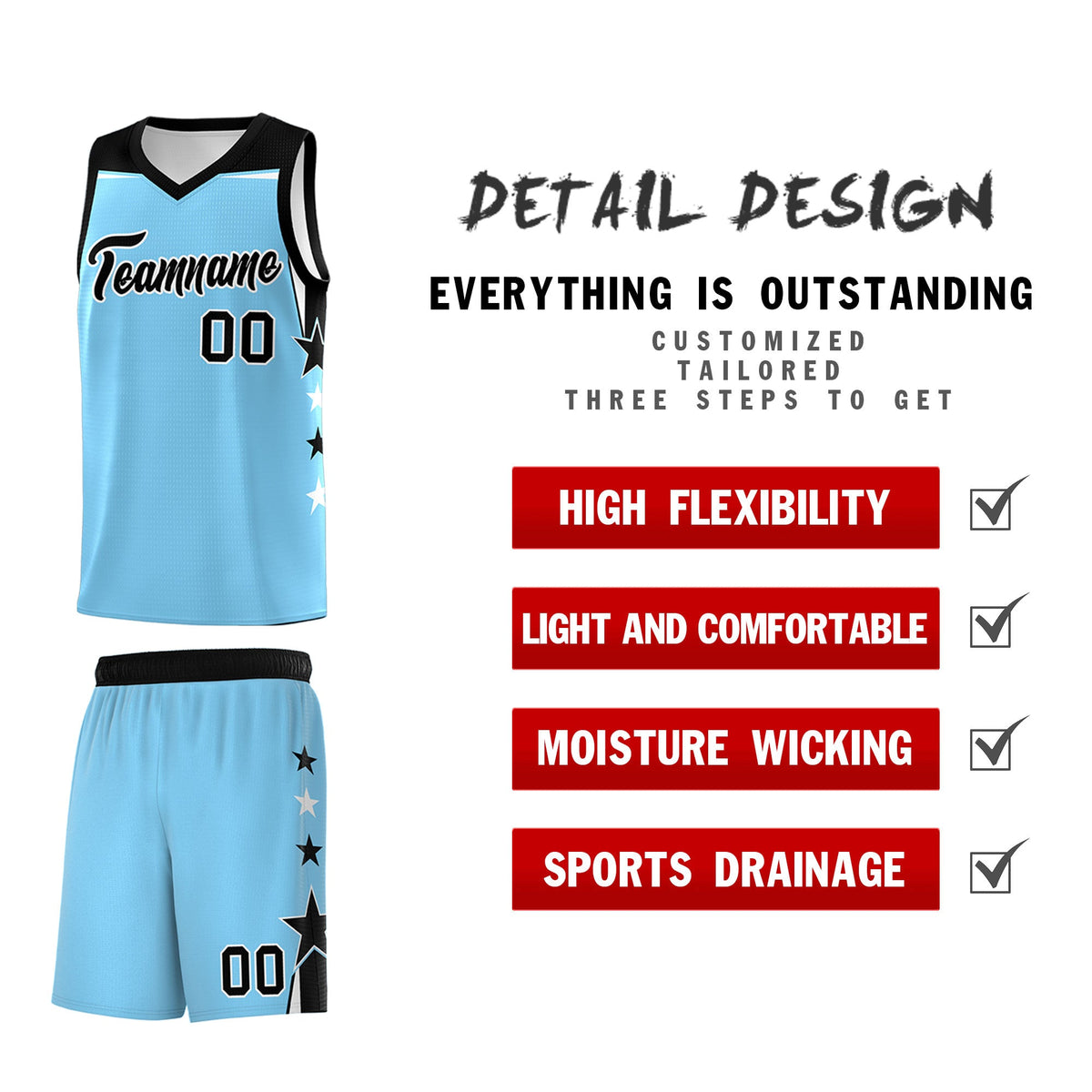 Custom Youth Basketball Uniform Light Blue Black Two Tone Side Star Color Block Team Jersey