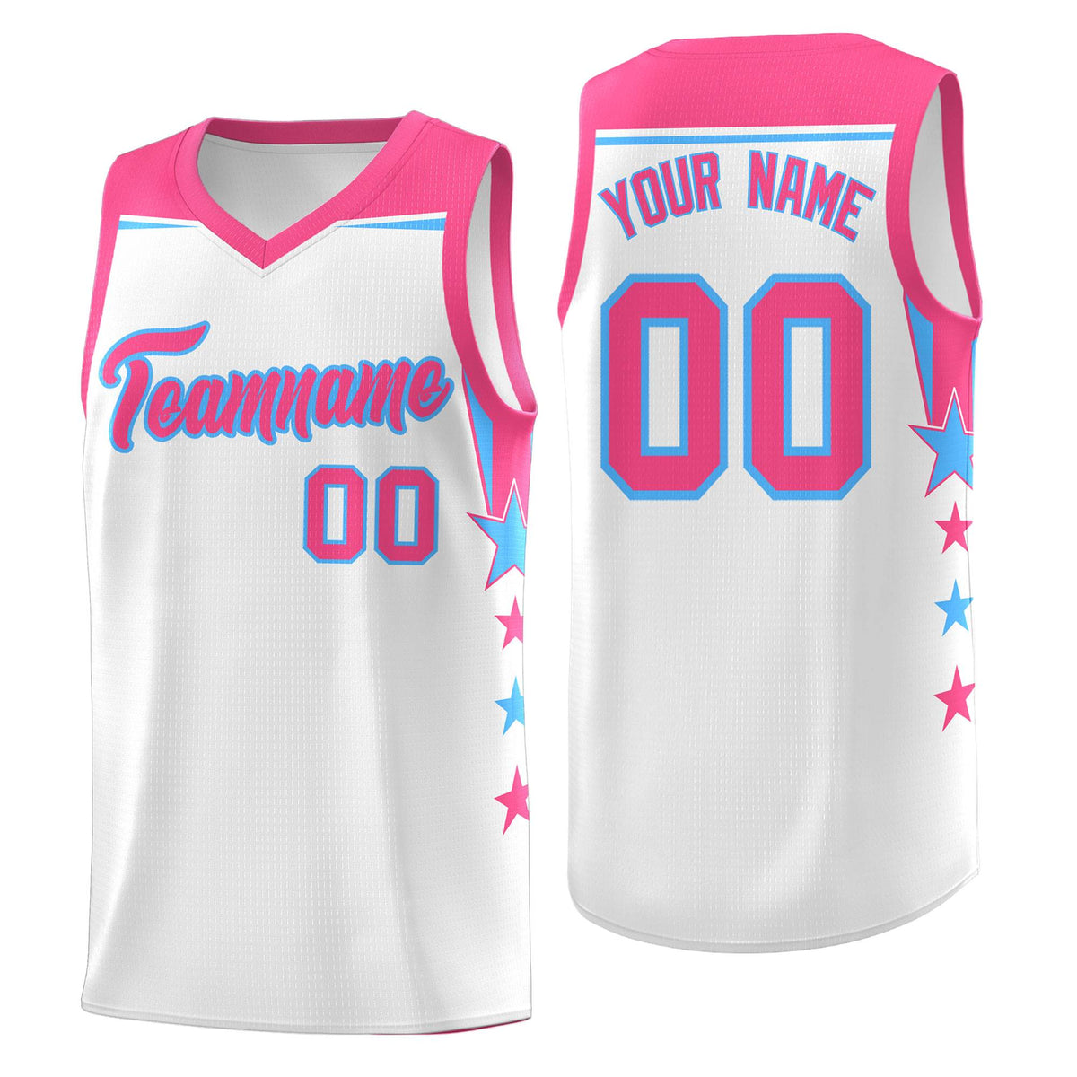 Custom Youth Basketball Uniform White Pink Two Tone Side Star Add Name Number &amp; Logo
