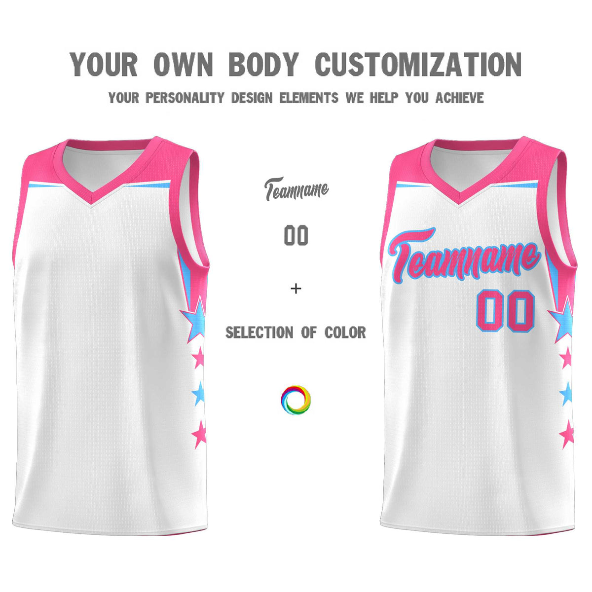Custom Youth Basketball Uniform White Pink Two Tone Side Star Add Name Number &amp; Logo