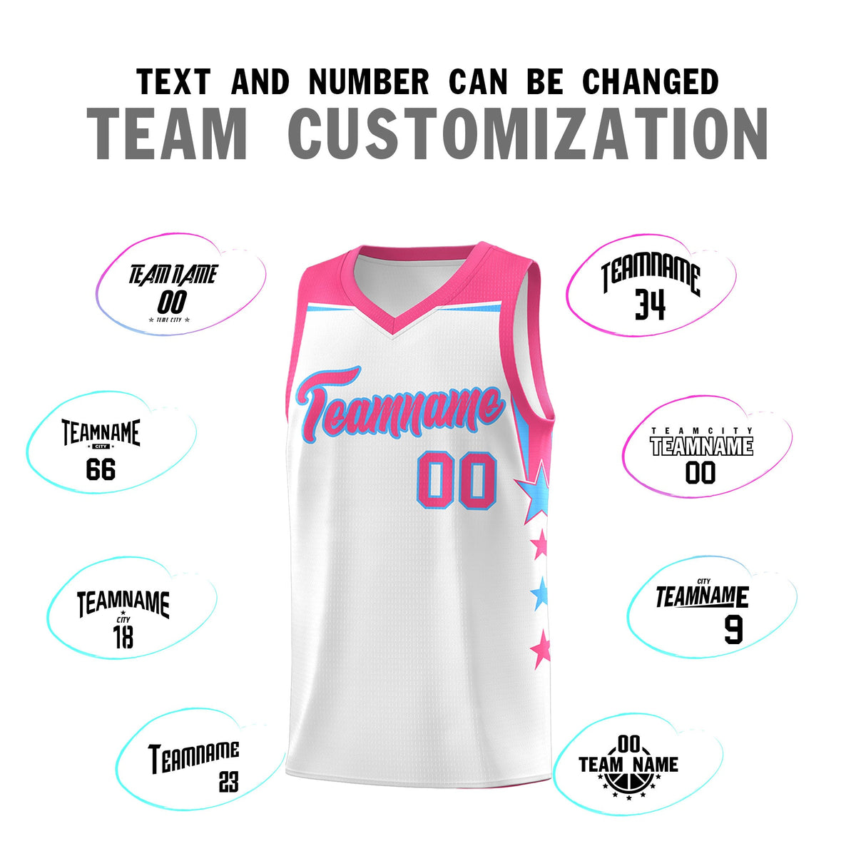 Custom Youth Basketball Uniform White Pink Two Tone Side Star Add Name Number &amp; Logo