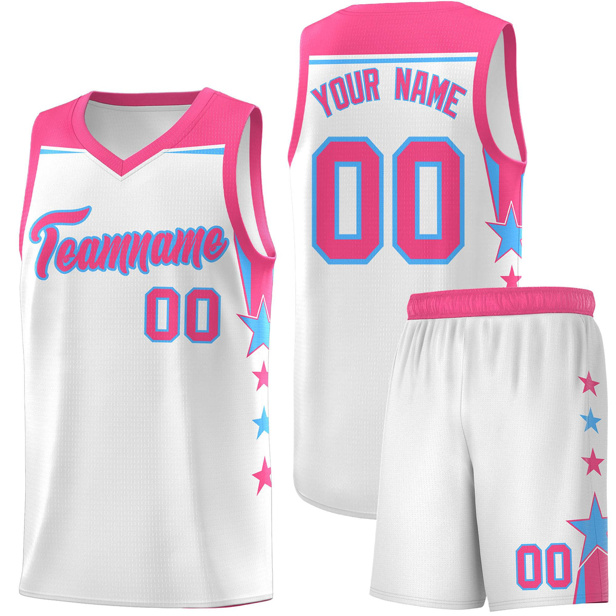 Custom Youth Basketball Uniform White Pink Two Tone Side Star Add Name Number &amp; Logo