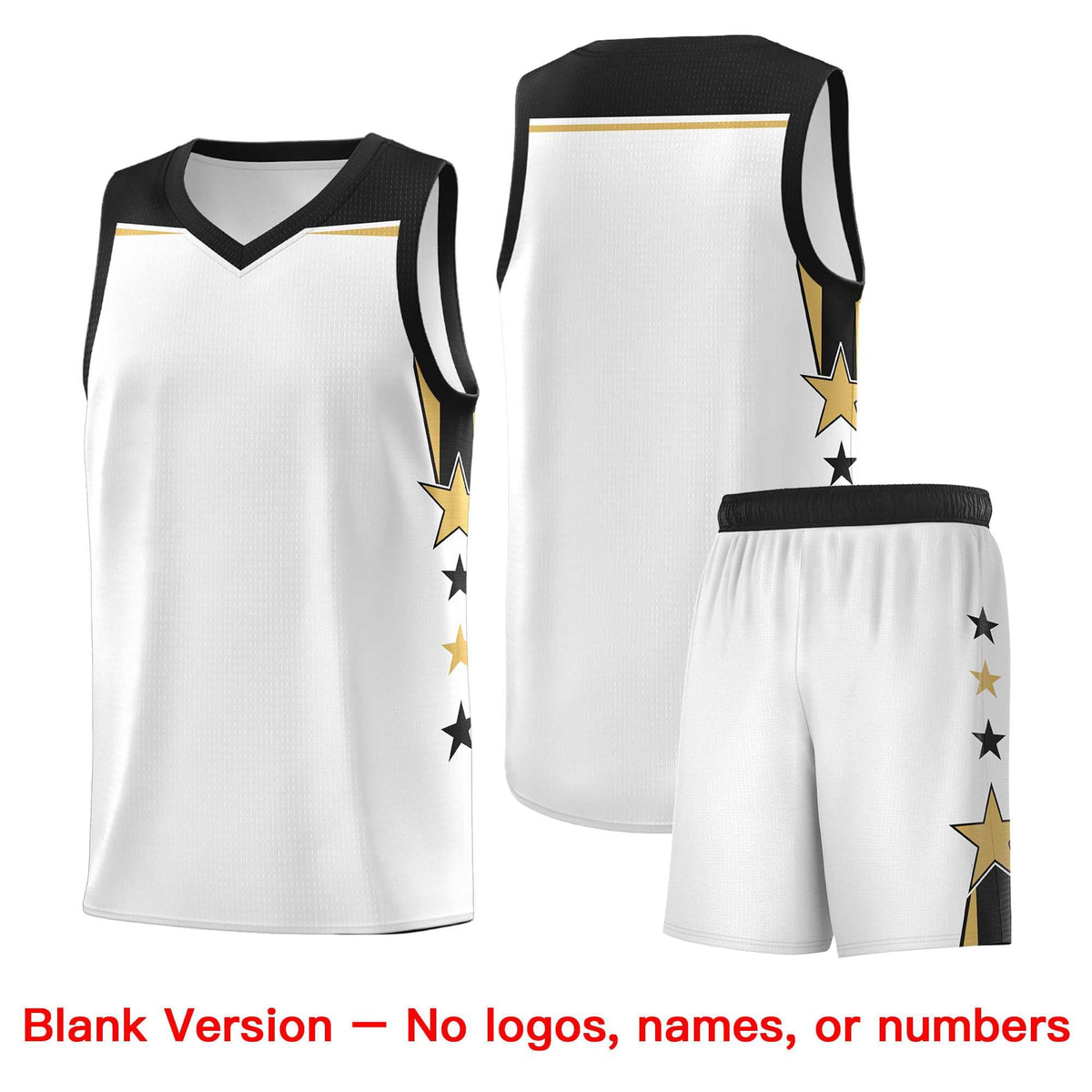 Custom Youth Basketball Uniform White Black Two Tone Side Star Add Name Number &amp; Logo