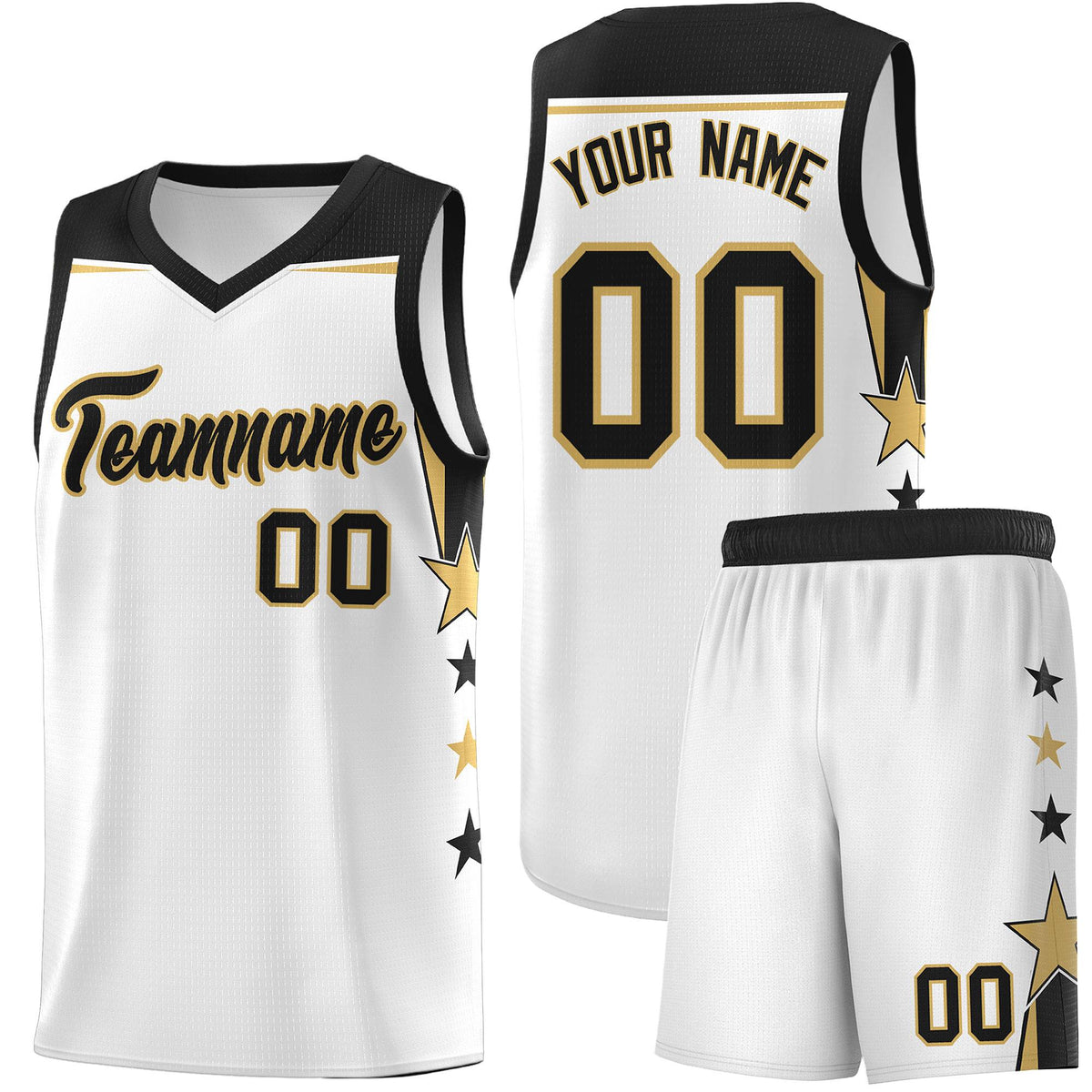 Custom Youth Basketball Uniform White Black Two Tone Side Star Add Name Number &amp; Logo