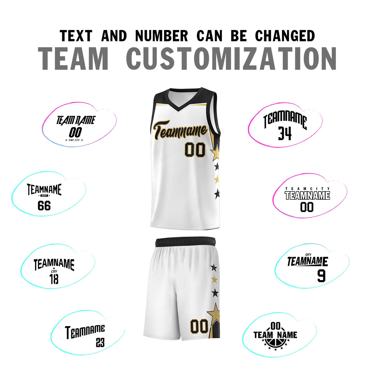 Custom Youth Basketball Uniform White Black Two Tone Side Star Add Name Number &amp; Logo