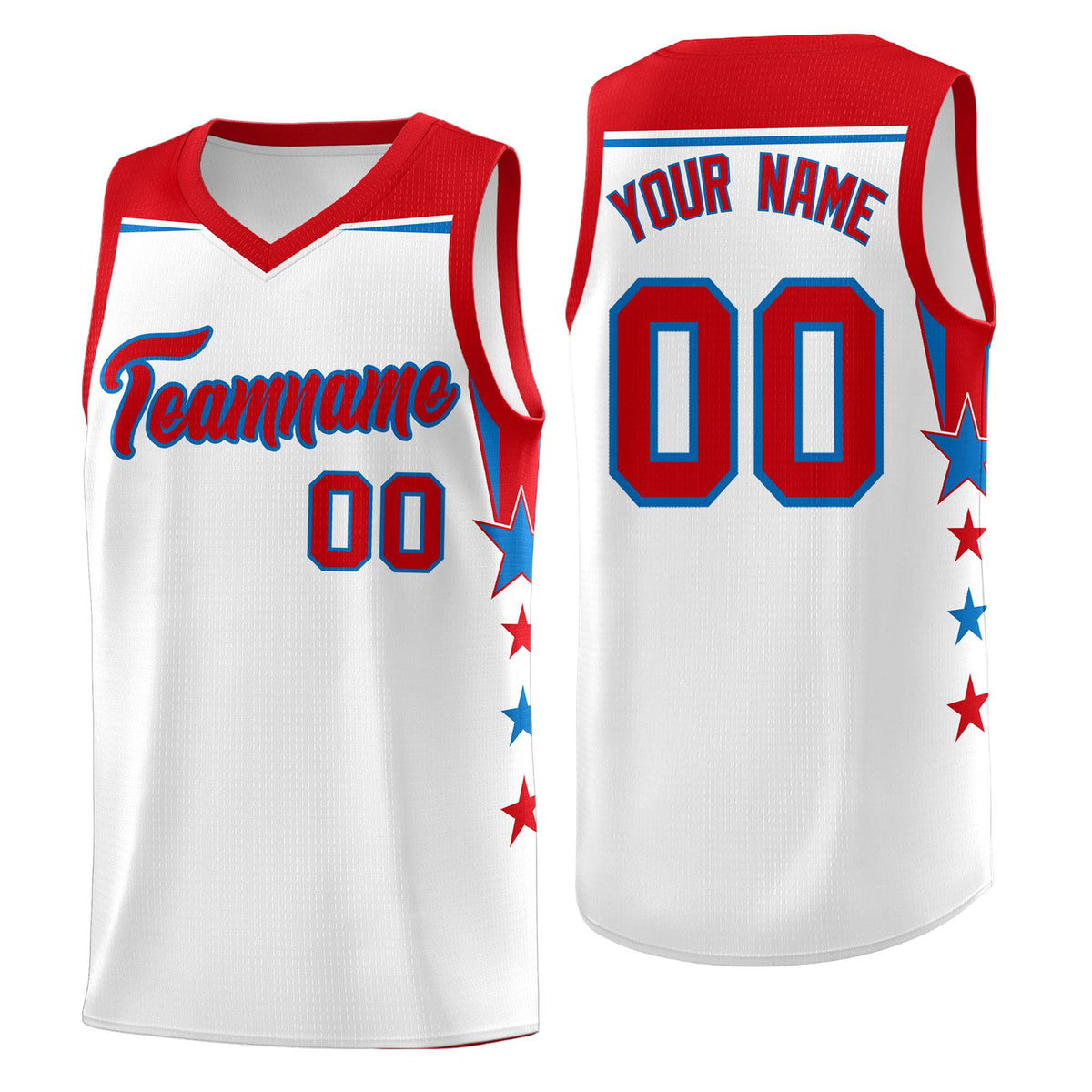 Custom Youth Basketball Uniform White Red Two Tone Side Star Add Name Number &amp; Logo