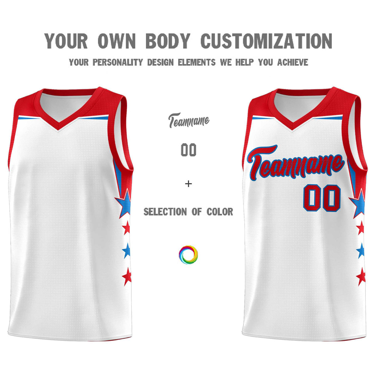 Custom Youth Basketball Uniform White Red Two Tone Side Star Add Name Number &amp; Logo