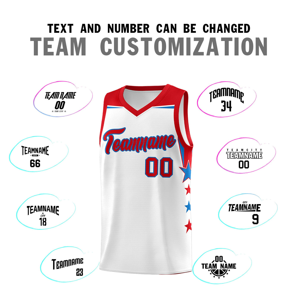 Custom Youth Basketball Uniform White Red Two Tone Side Star Add Name Number &amp; Logo
