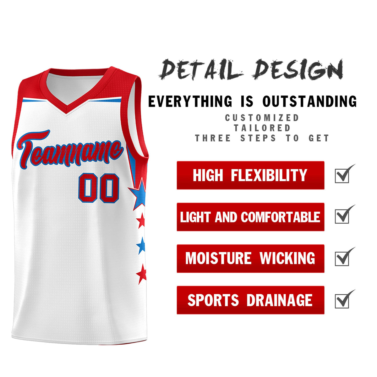 Custom Youth Basketball Uniform White Red Two Tone Side Star Add Name Number &amp; Logo