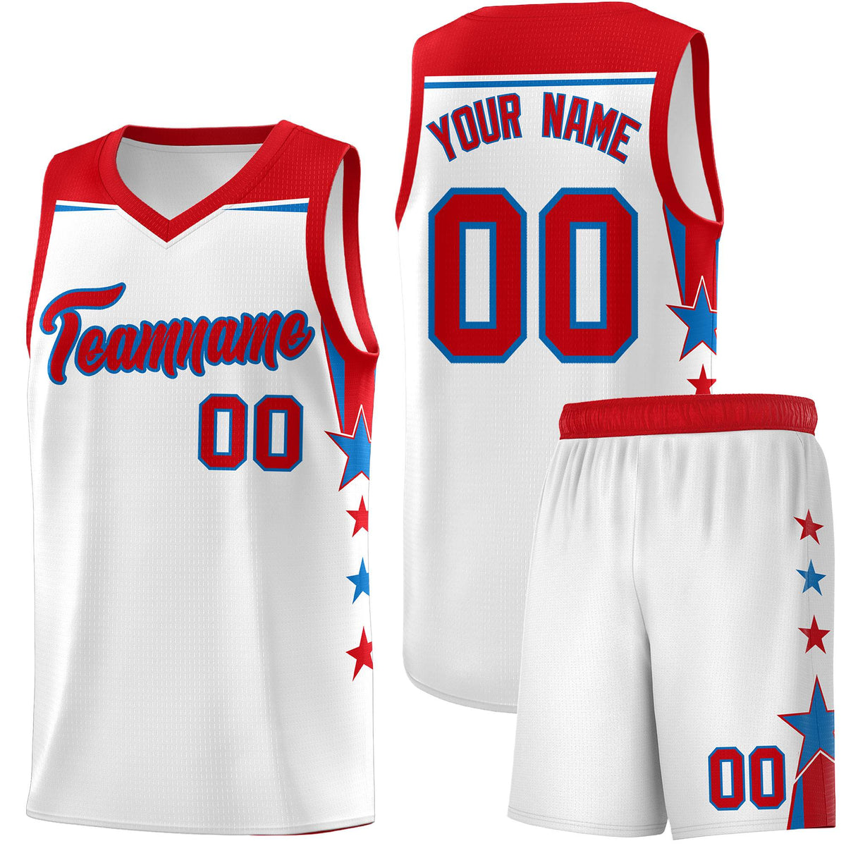Custom Youth Basketball Uniform White Red Two Tone Side Star Add Name Number &amp; Logo