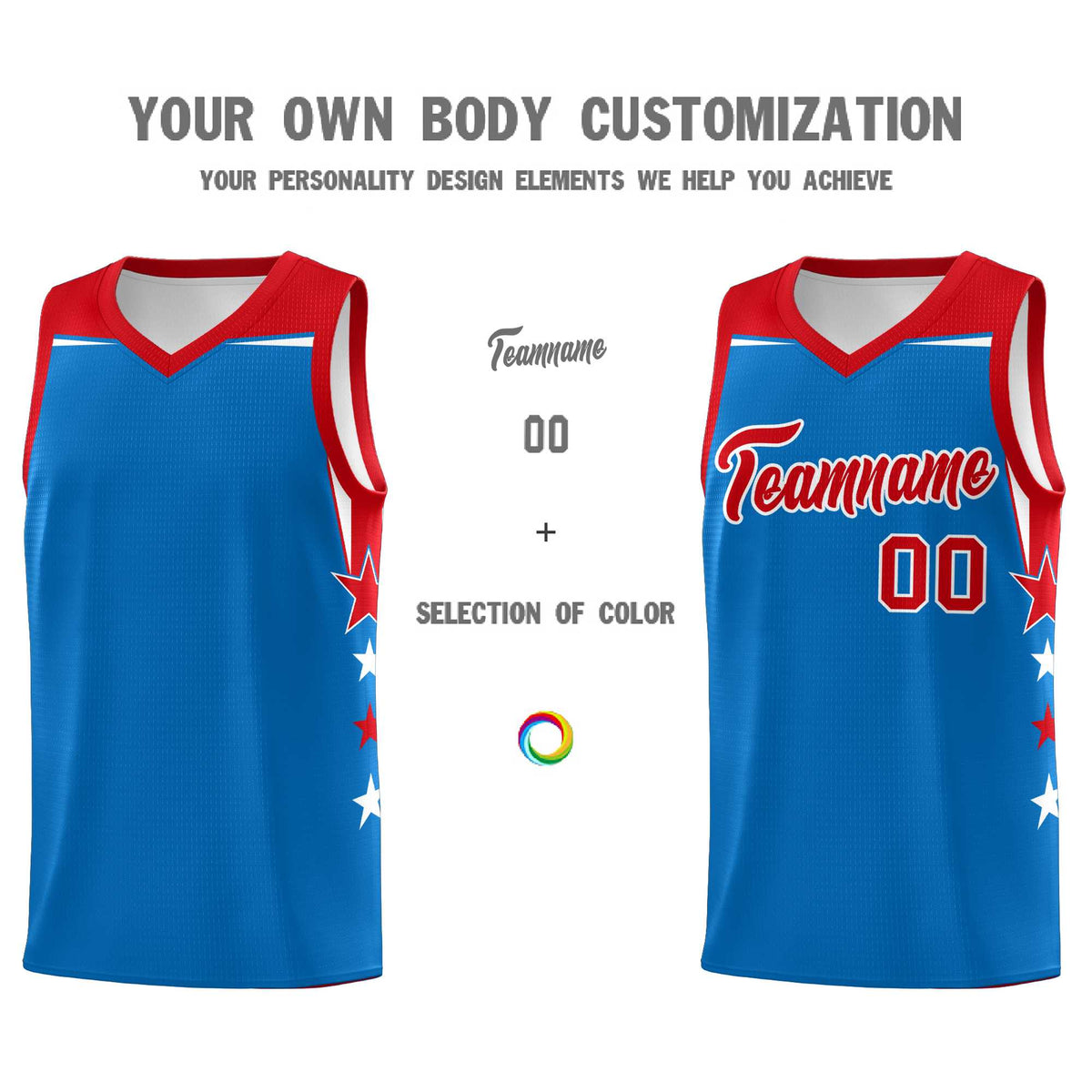 Custom Youth Basketball Uniform Royal Red Two Tone Side Star Color Block Team Jersey