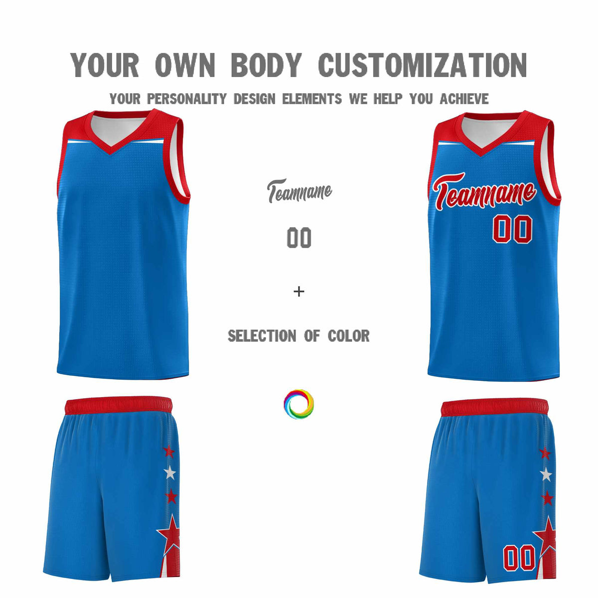 Custom Youth Basketball Uniform Royal Red Two Tone Side Star Color Block Team Jersey