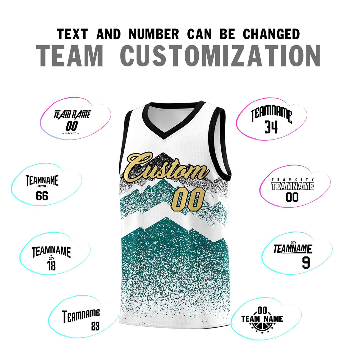 Custom Youth Basketball Jerseys White Teal Gradient Mountain Design Uniforms
