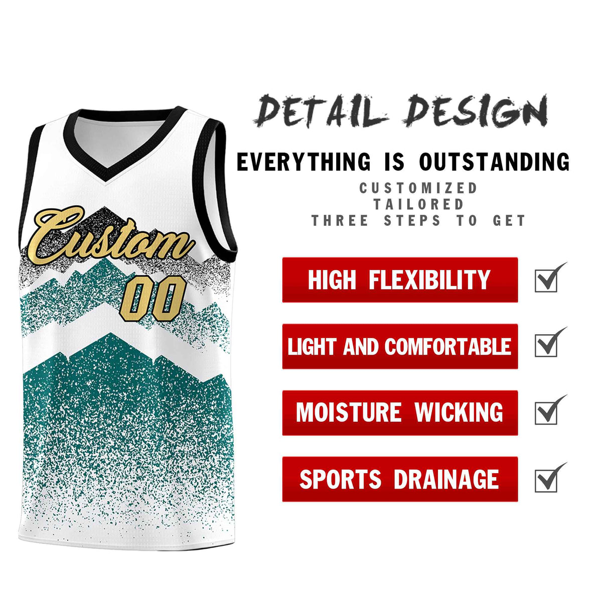 Custom Youth Basketball Jerseys White Teal Gradient Mountain Design Uniforms