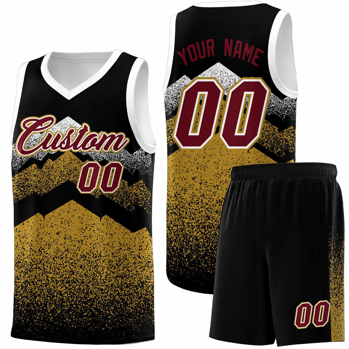 Custom Youth Basketball Jerseys Black Old Gold Gradient Mountain Design Uniforms