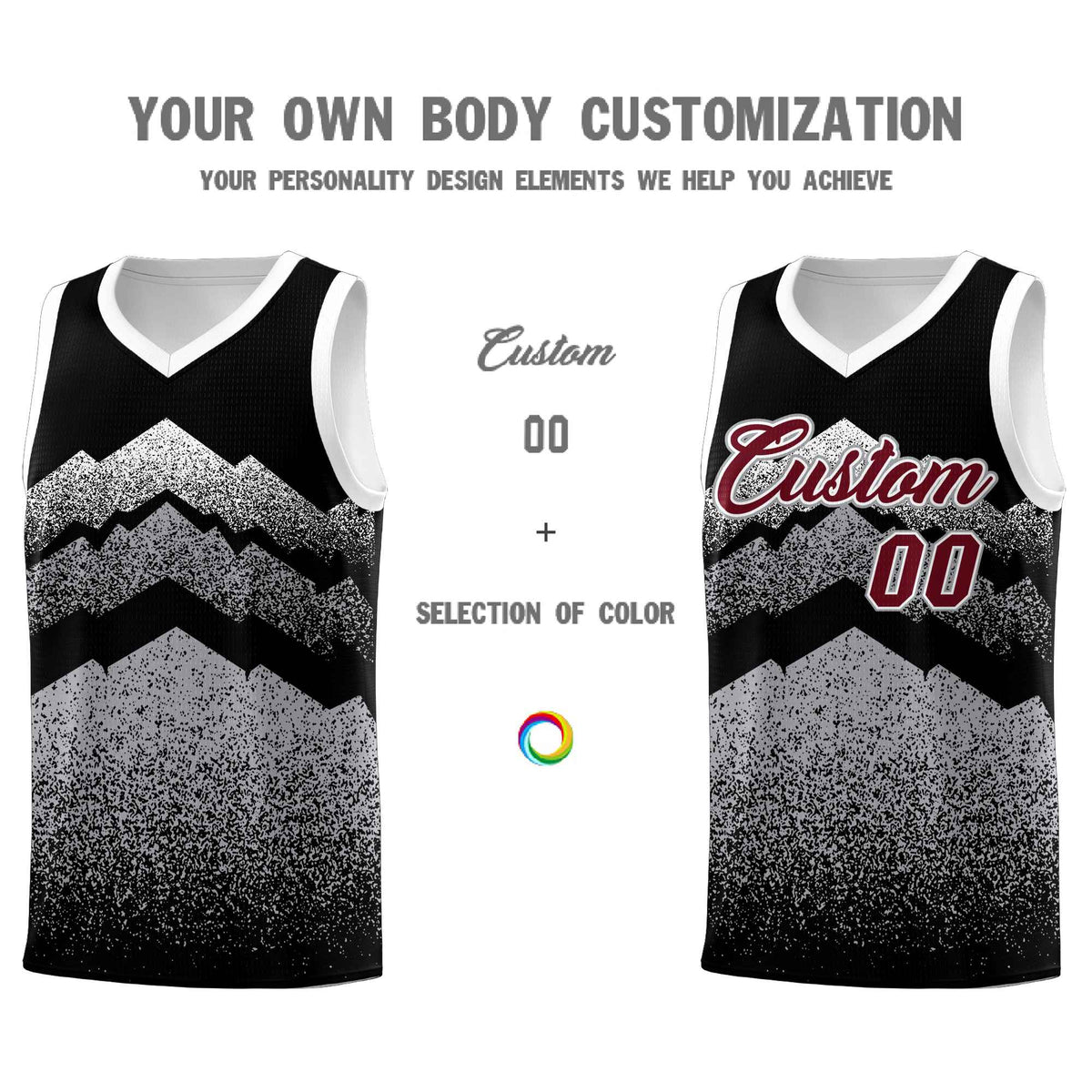 Personalized Youth Basketball Jerseys   Black Gray Gradient Mountain Design Uniforms