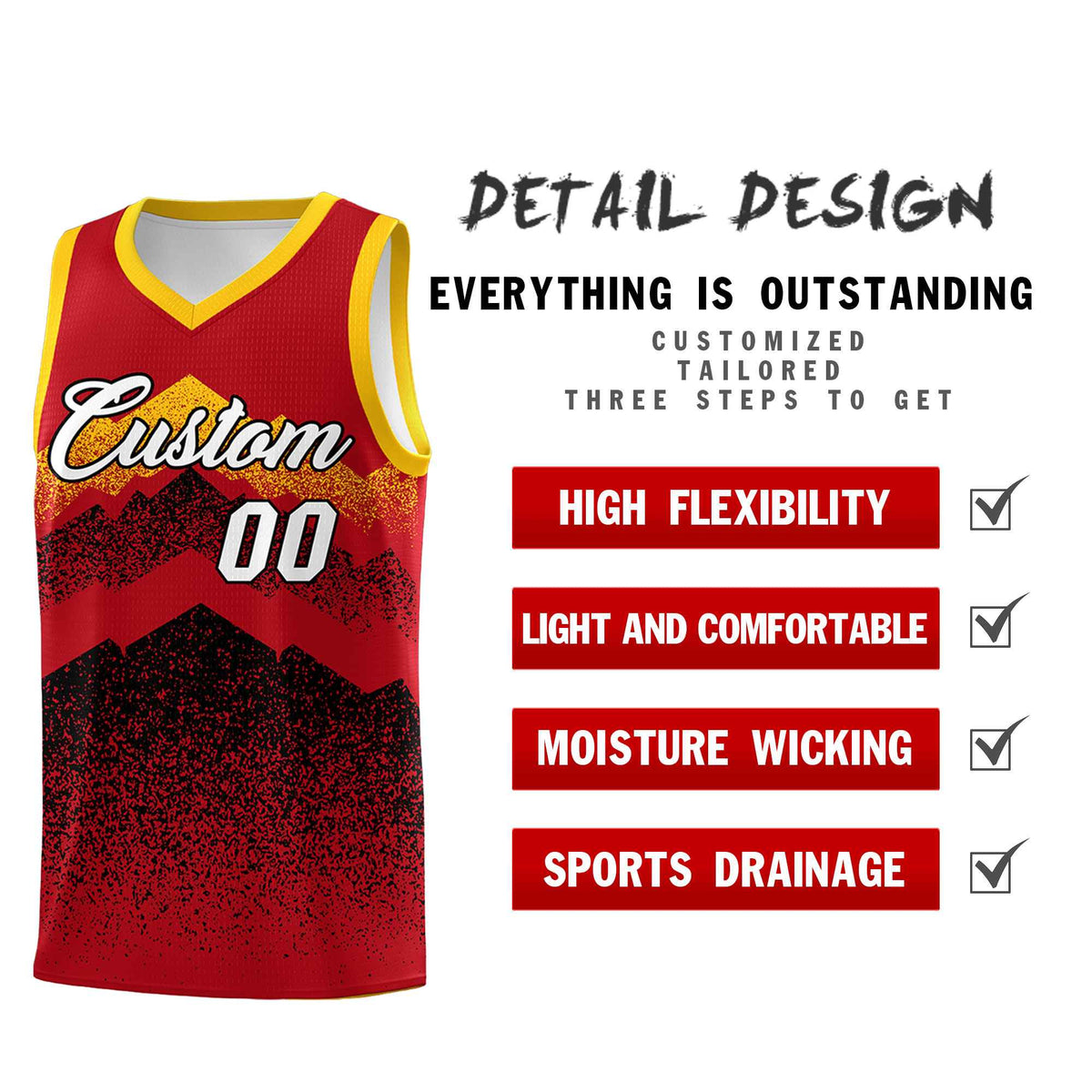 Custom Youth Basketball Jerseys Red Black Gradient Mountain Design Uniforms