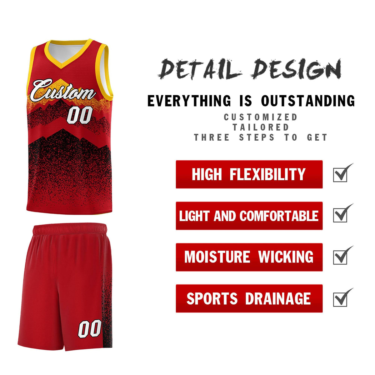 Custom Youth Basketball Jerseys Red Black Gradient Mountain Design Uniforms
