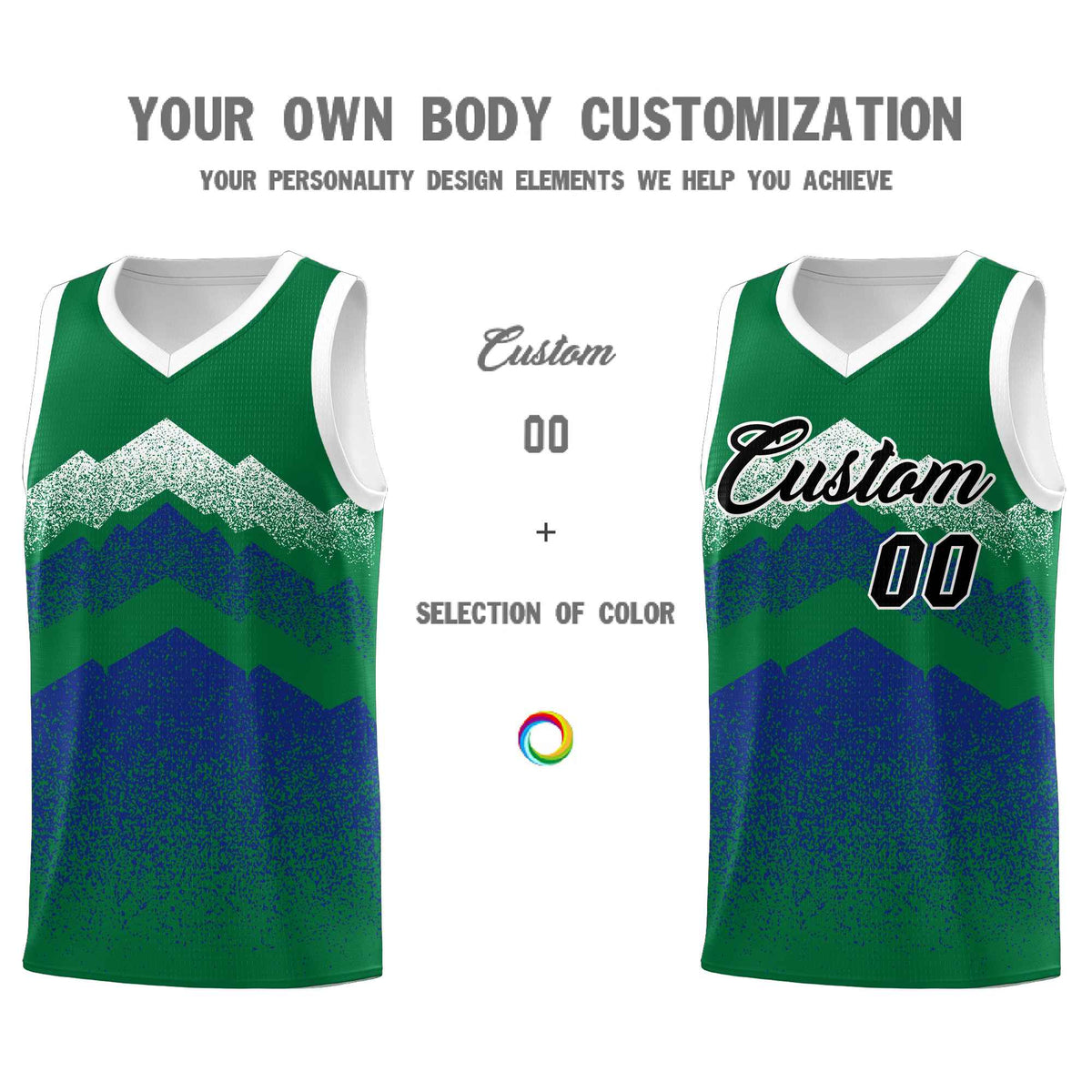 Custom Youth Basketball Jerseys Green Royal Gradient Mountain Design Uniforms