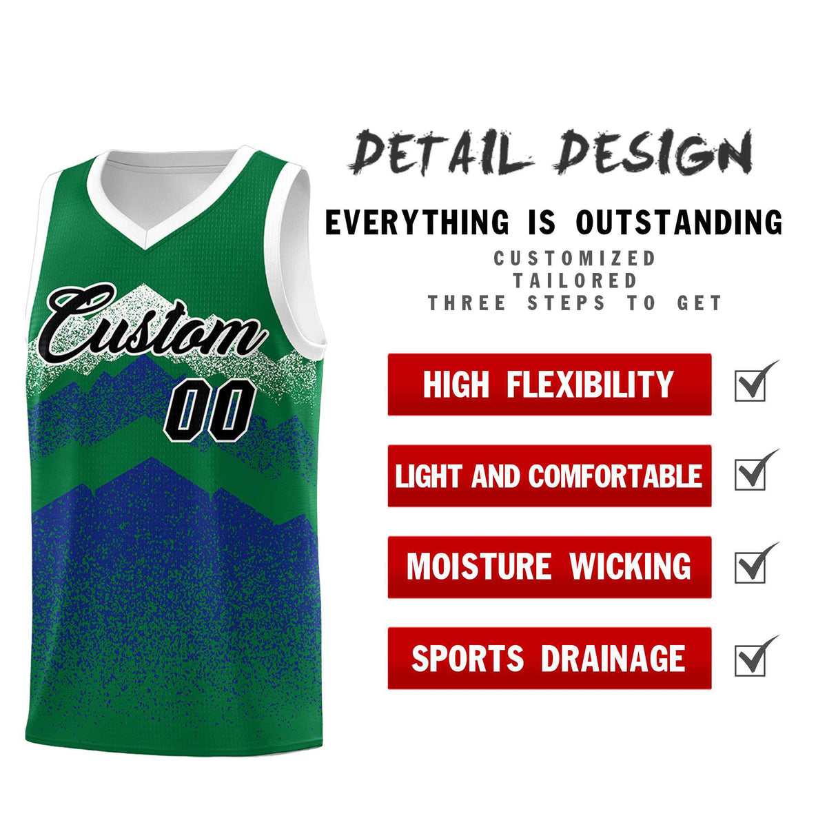 Custom Youth Basketball Jerseys Green Royal Gradient Mountain Design Uniforms