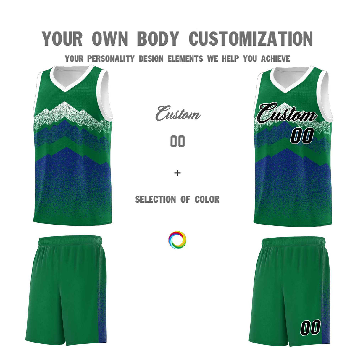 Custom Youth Basketball Jerseys Green Royal Gradient Mountain Design Uniforms
