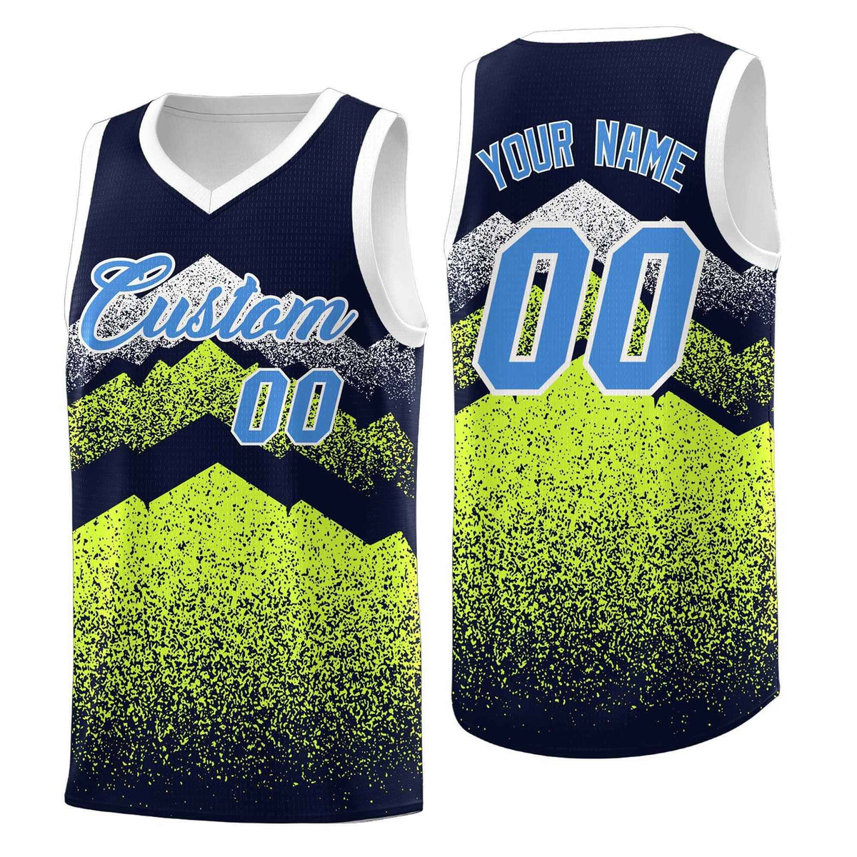 Personalized Youth Basketball Jerseys   Navy Neon Green Gradient Mountain Design Uniforms