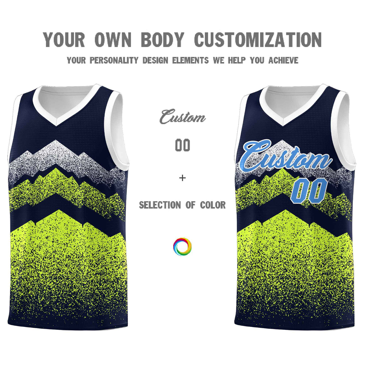 Personalized Youth Basketball Jerseys   Navy Neon Green Gradient Mountain Design Uniforms
