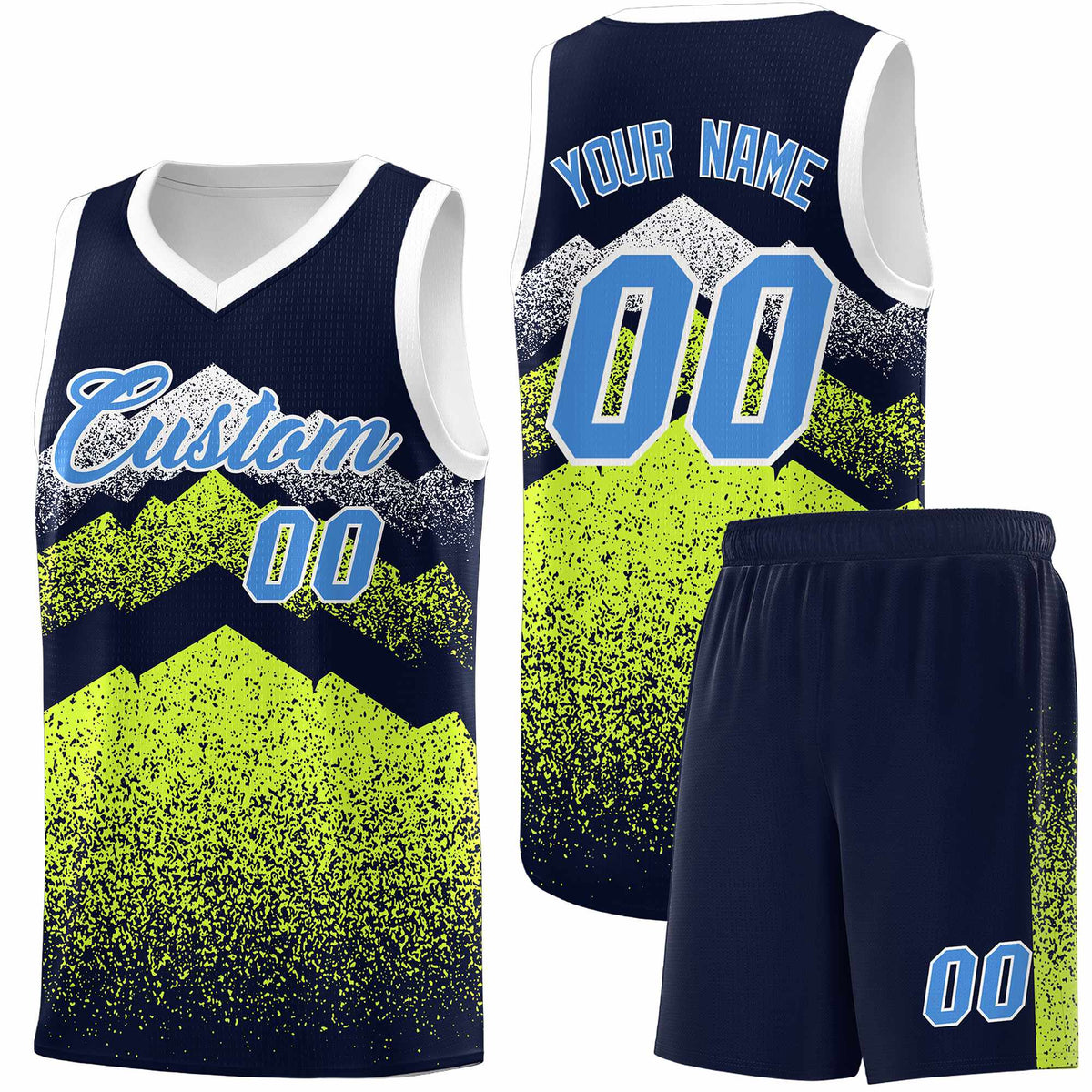 Personalized Youth Basketball Jerseys   Navy Neon Green Gradient Mountain Design Uniforms
