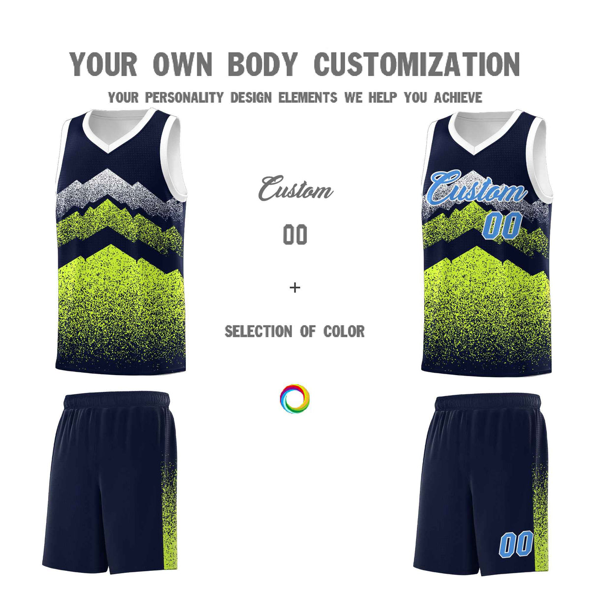 Personalized Youth Basketball Jerseys   Navy Neon Green Gradient Mountain Design Uniforms