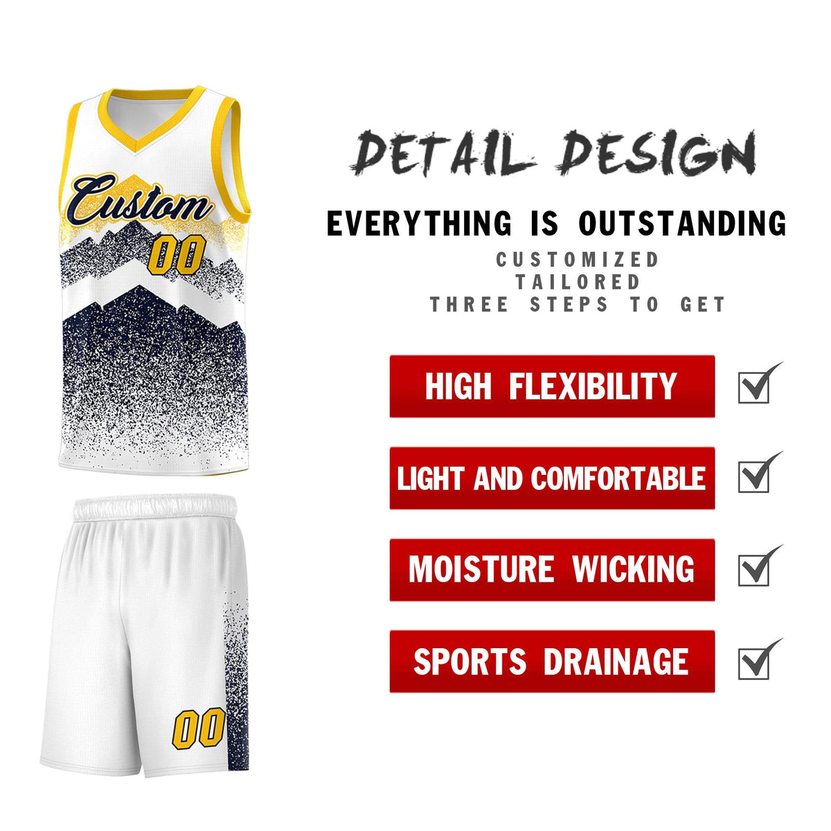 Custom Youth Basketball Jerseys White Navy Gradient Mountain Design Uniforms