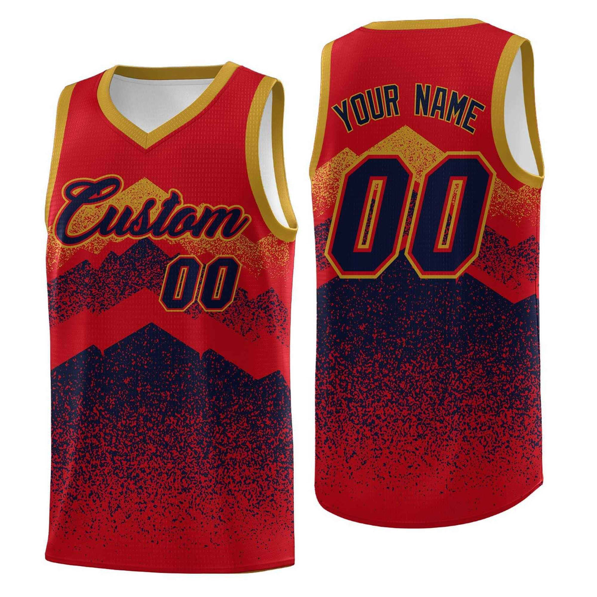 Personalized Youth Basketball Jerseys   Red Navy Gradient Mountain Design Uniforms