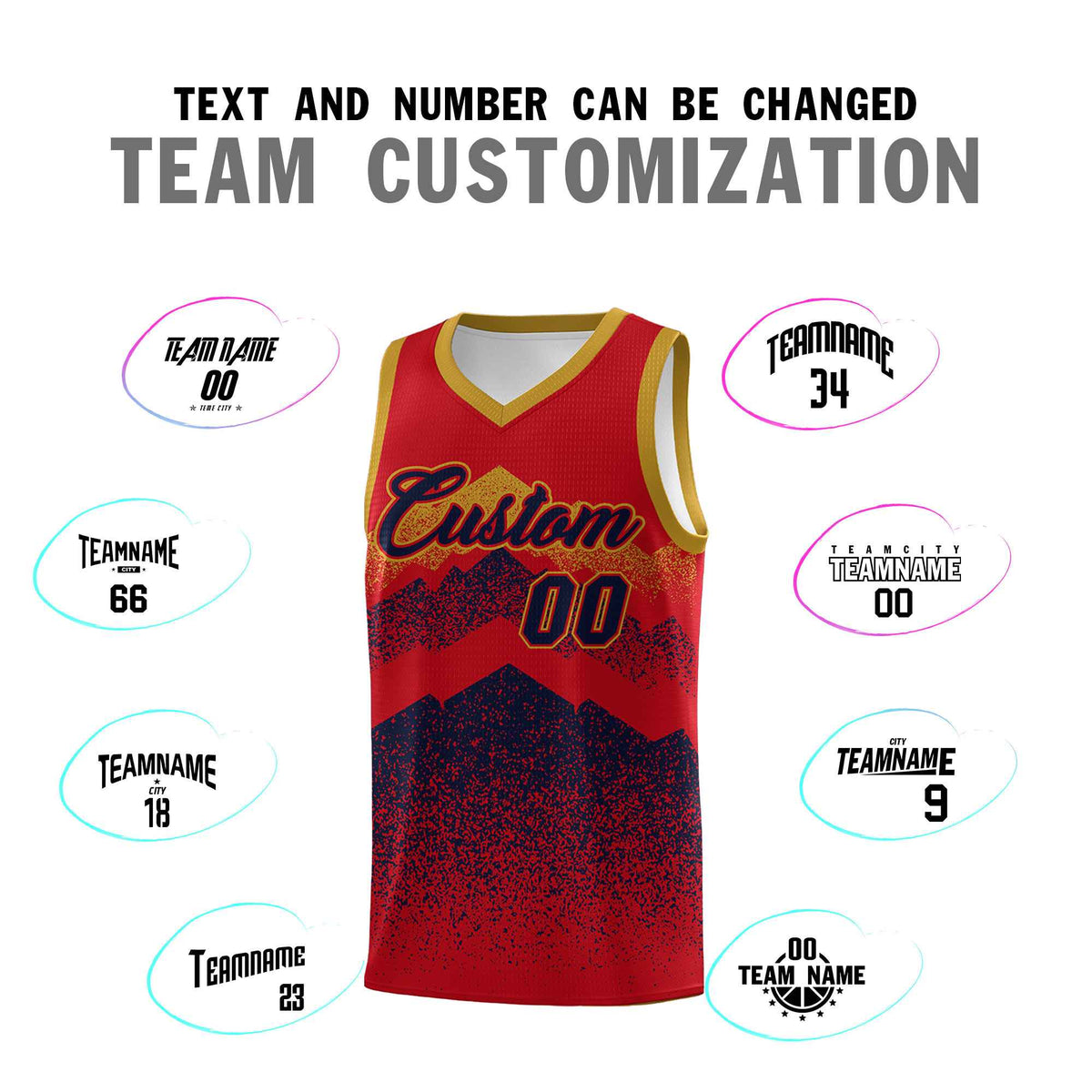 Personalized Youth Basketball Jerseys   Red Navy Gradient Mountain Design Uniforms