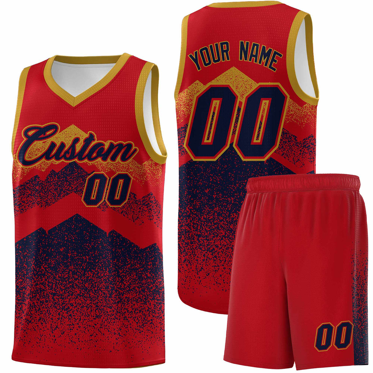 Personalized Youth Basketball Jerseys   Red Navy Gradient Mountain Design Uniforms