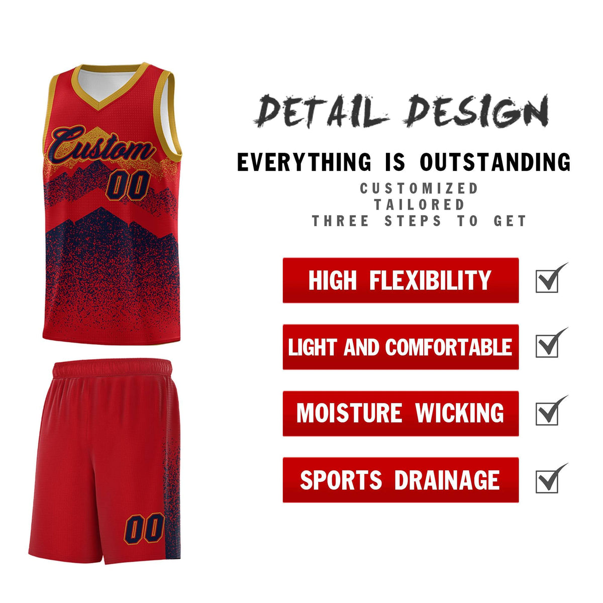 Personalized Youth Basketball Jerseys   Red Navy Gradient Mountain Design Uniforms