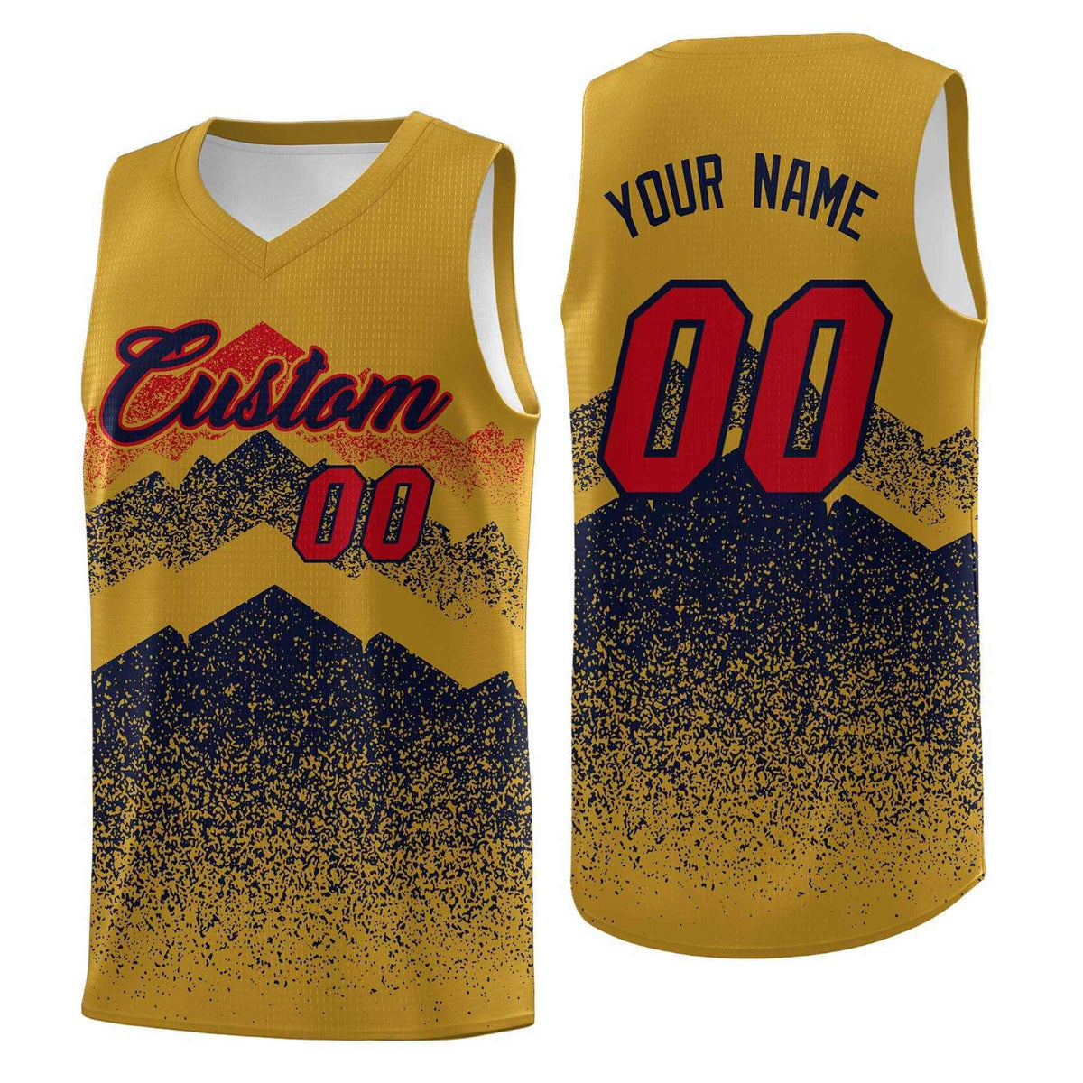 Personalized Youth Basketball Jerseys   Old Gold Navy Gradient Mountain Design Uniforms