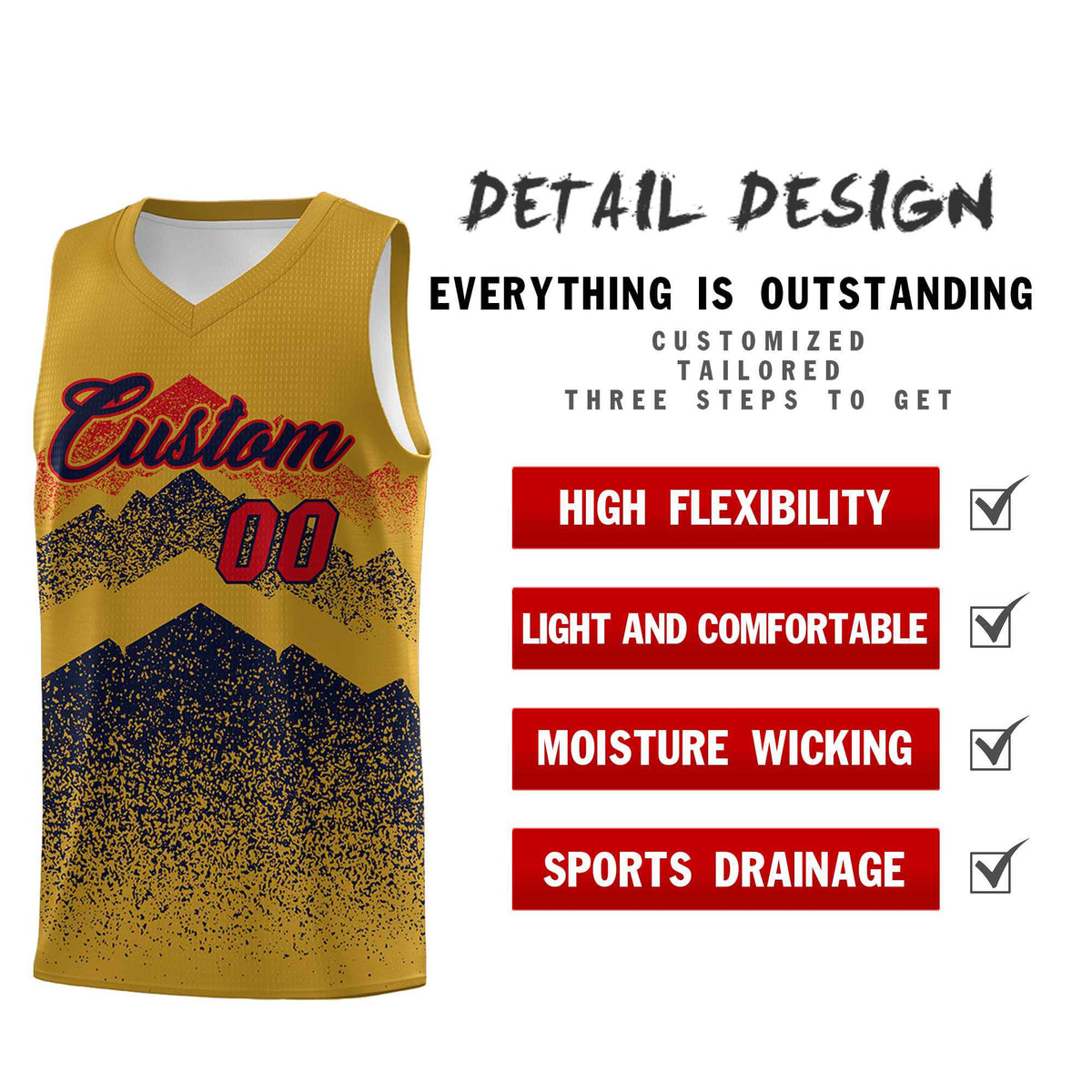 Personalized Youth Basketball Jerseys   Old Gold Navy Gradient Mountain Design Uniforms