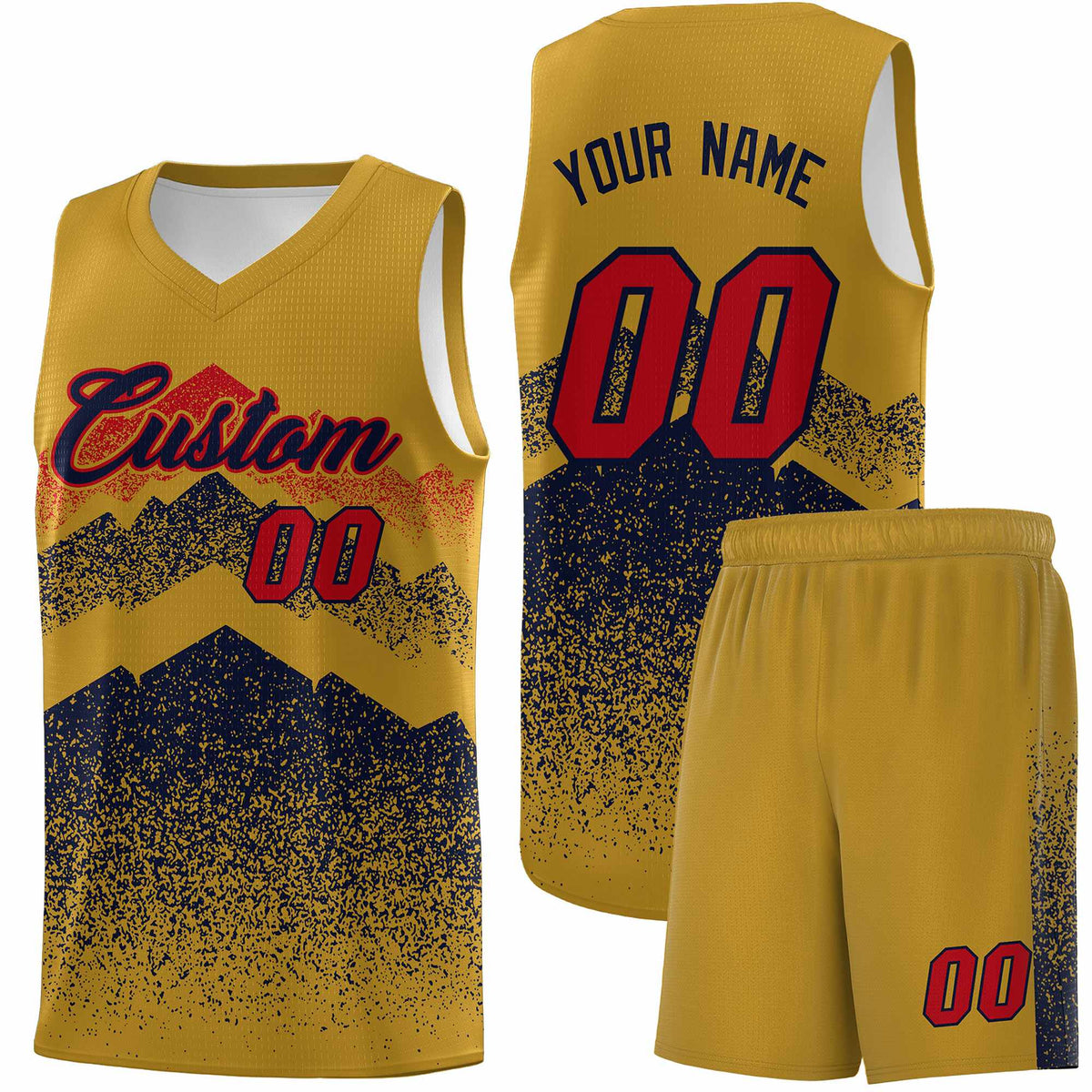 Personalized Youth Basketball Jerseys   Old Gold Navy Gradient Mountain Design Uniforms