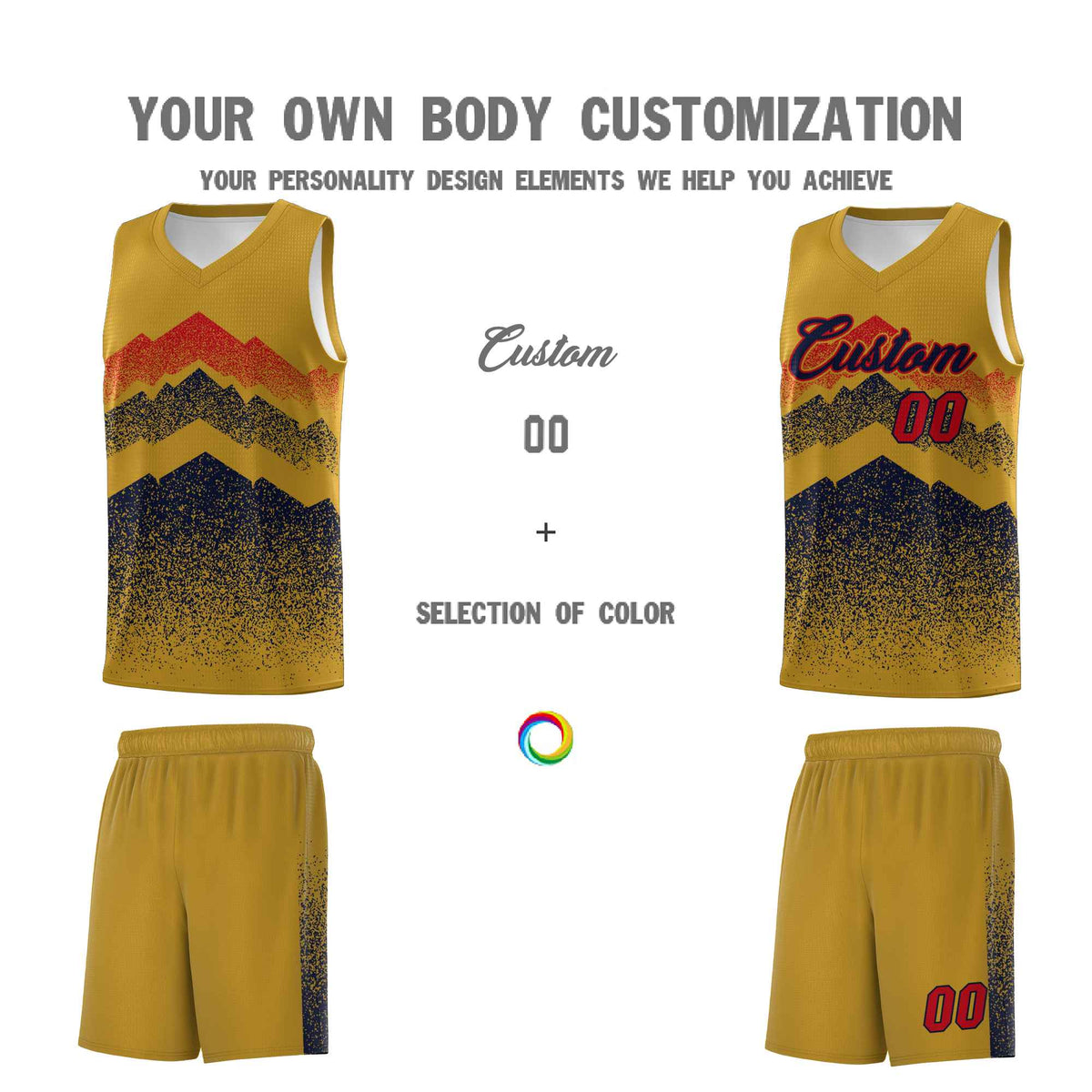 Personalized Youth Basketball Jerseys   Old Gold Navy Gradient Mountain Design Uniforms