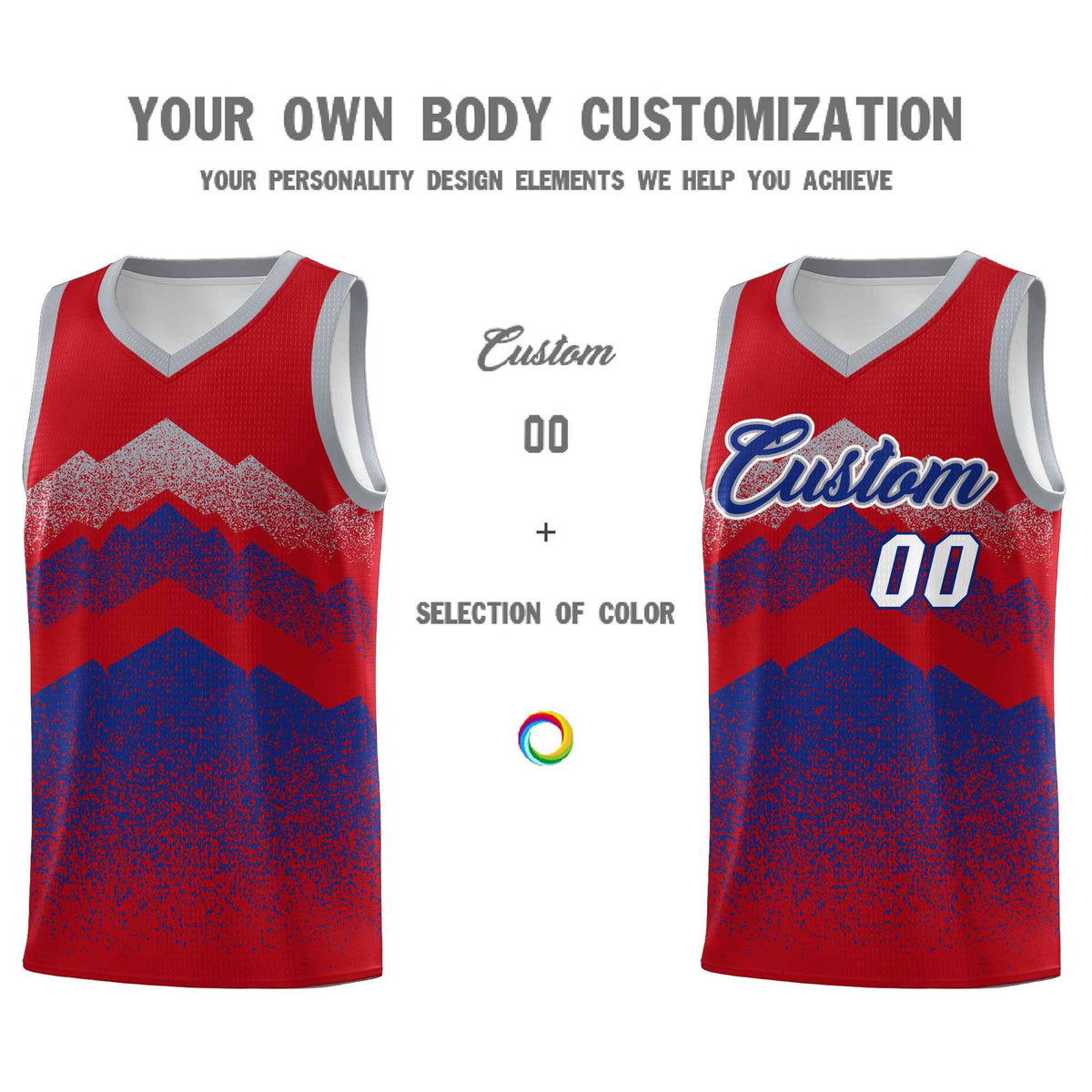 Custom Youth Basketball Jerseys Red Royal Gradient Mountain Design Uniforms