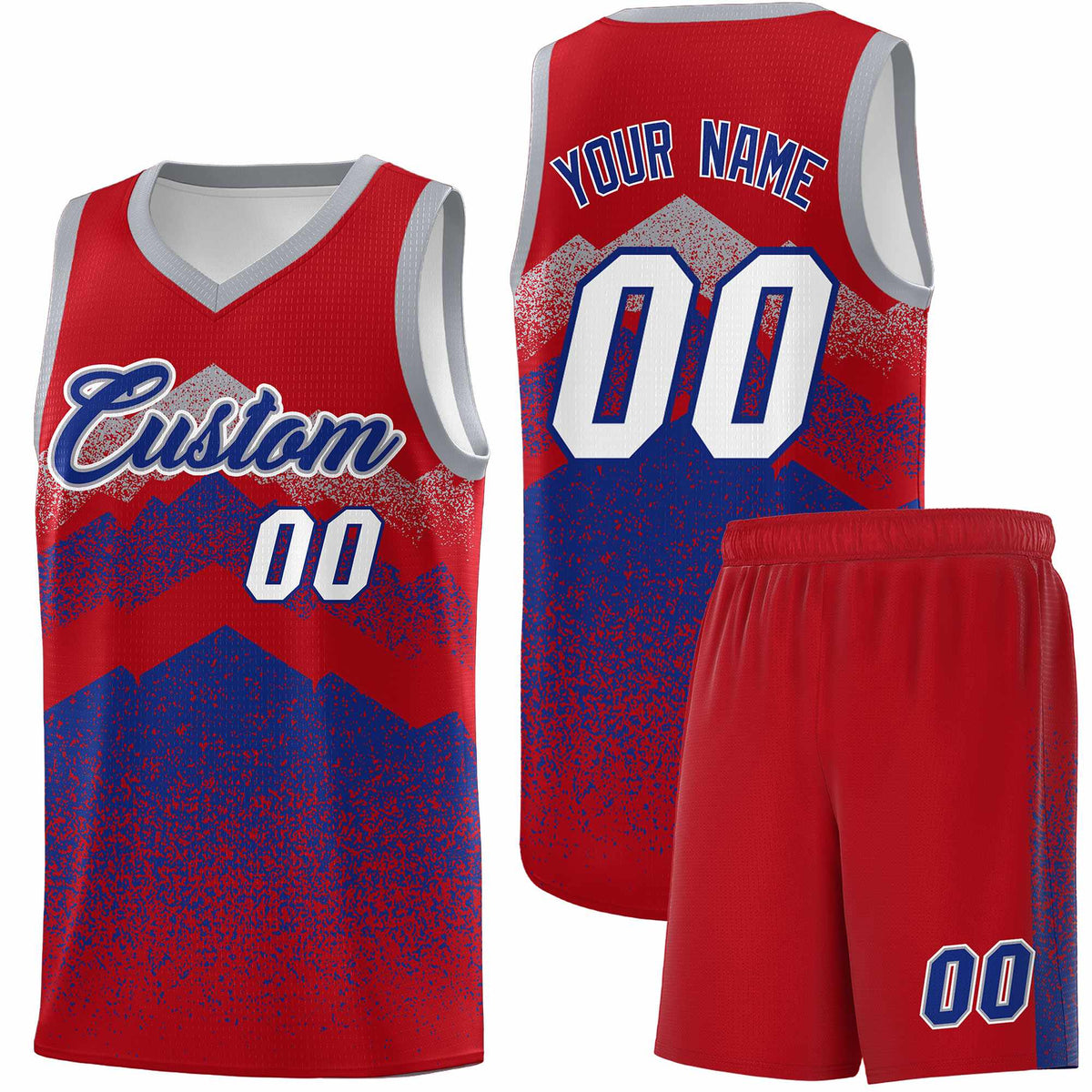 Custom Youth Basketball Jerseys Red Royal Gradient Mountain Design Uniforms