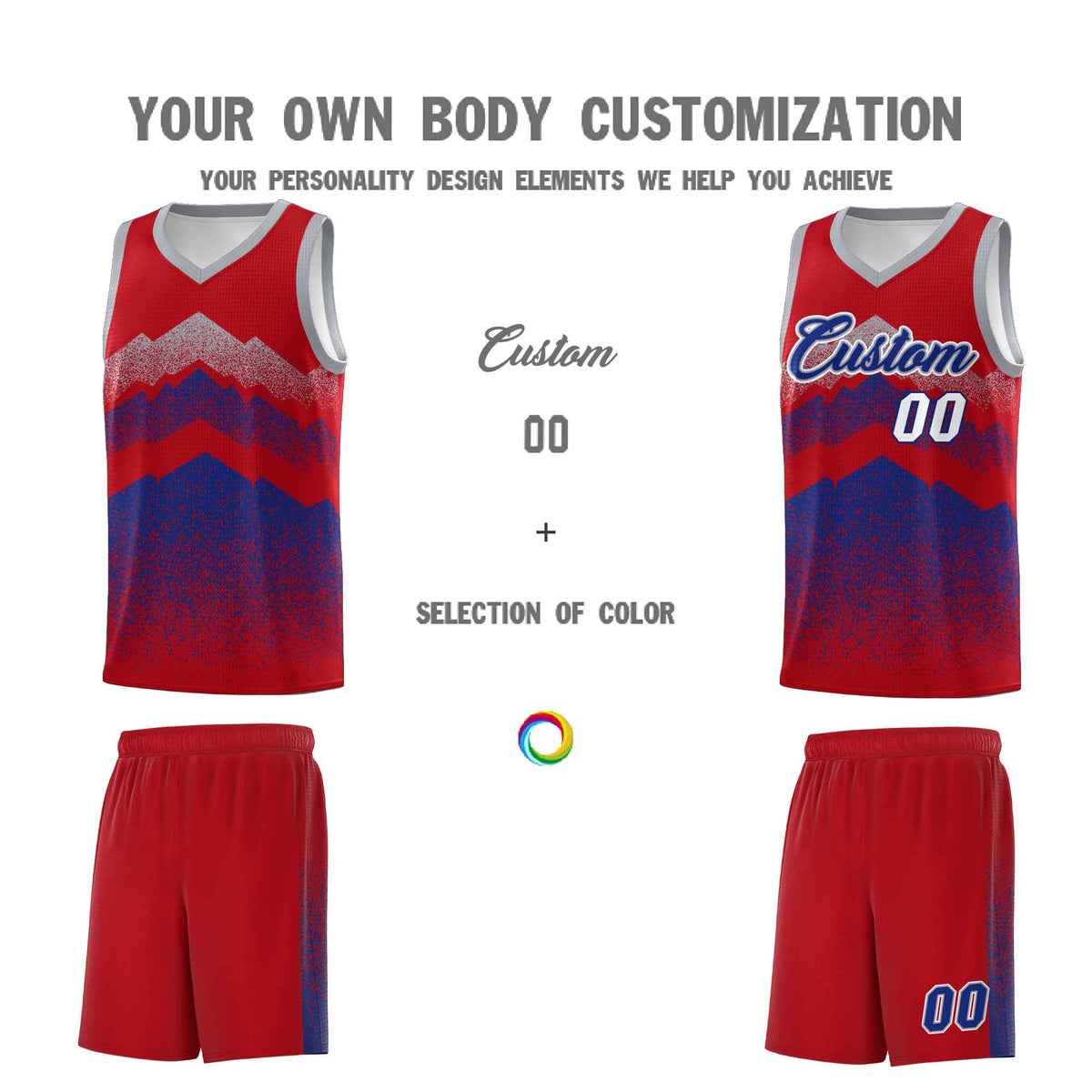 Custom Youth Basketball Jerseys Red Royal Gradient Mountain Design Uniforms