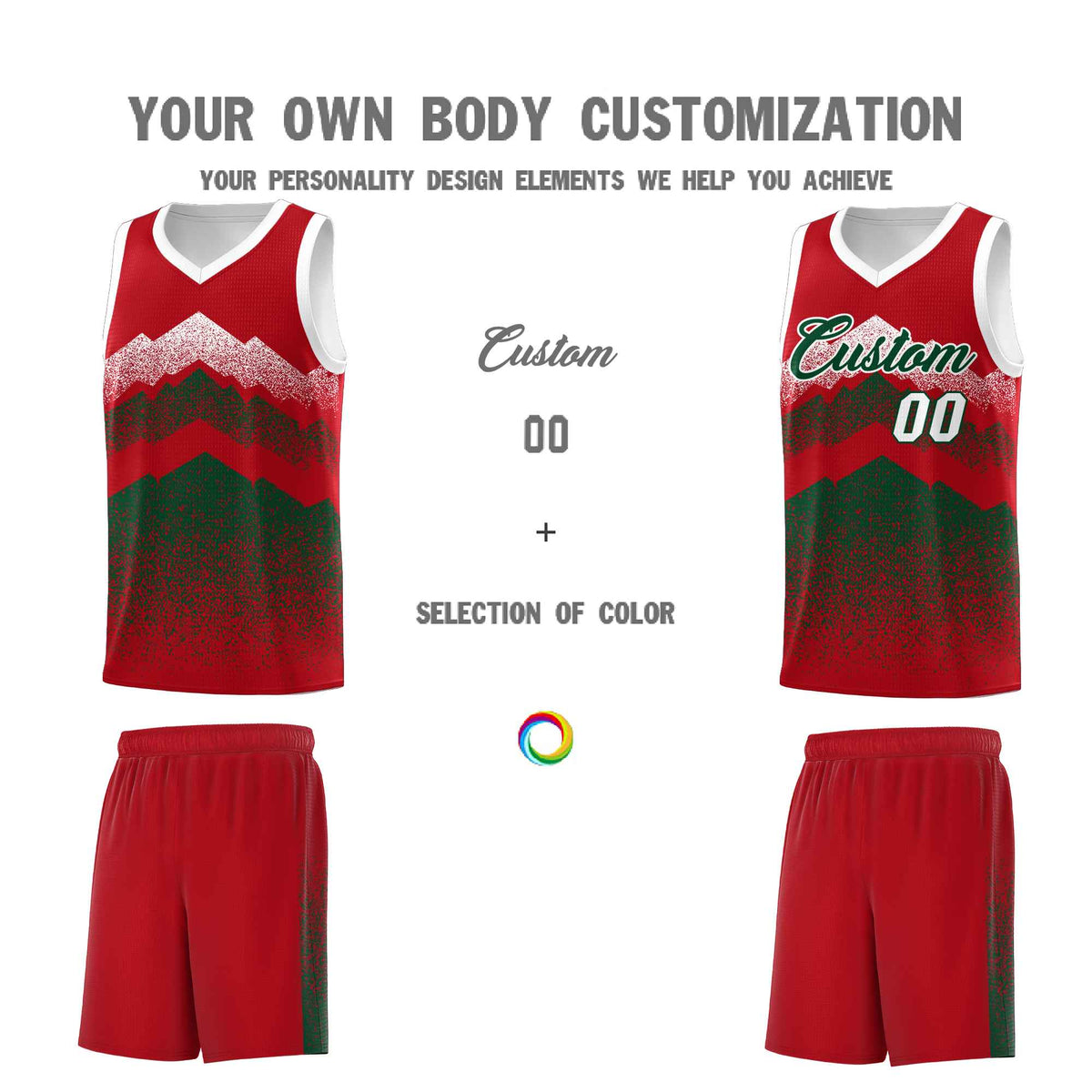 Custom Youth Basketball Jerseys Red Green Gradient Mountain Design Uniforms
